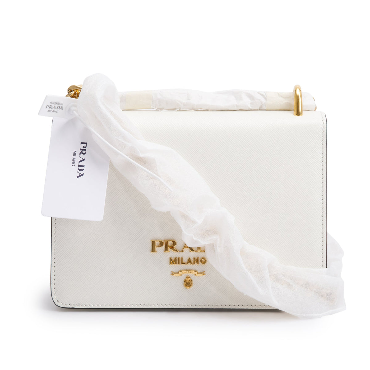 Prada White Saffiano Soft Calf Leather Chain Crossbody Bag w 