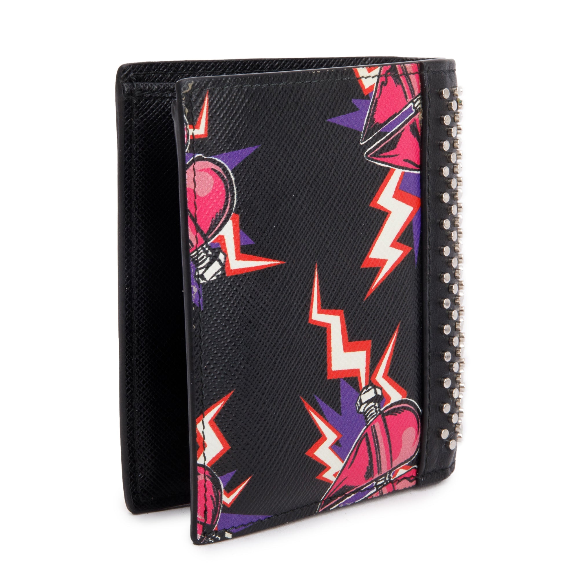 Prada X Universal Studios Black Multicolor Saffiano Leather Frankenstein Heart Studded Bifold Wallet