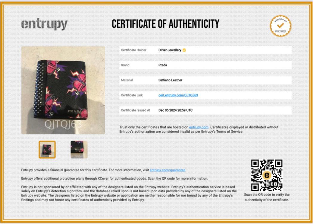 Prada X Universal Studios Black Multicolor Saffiano Leather Frankenstein Heart Studded Bifold Wallet