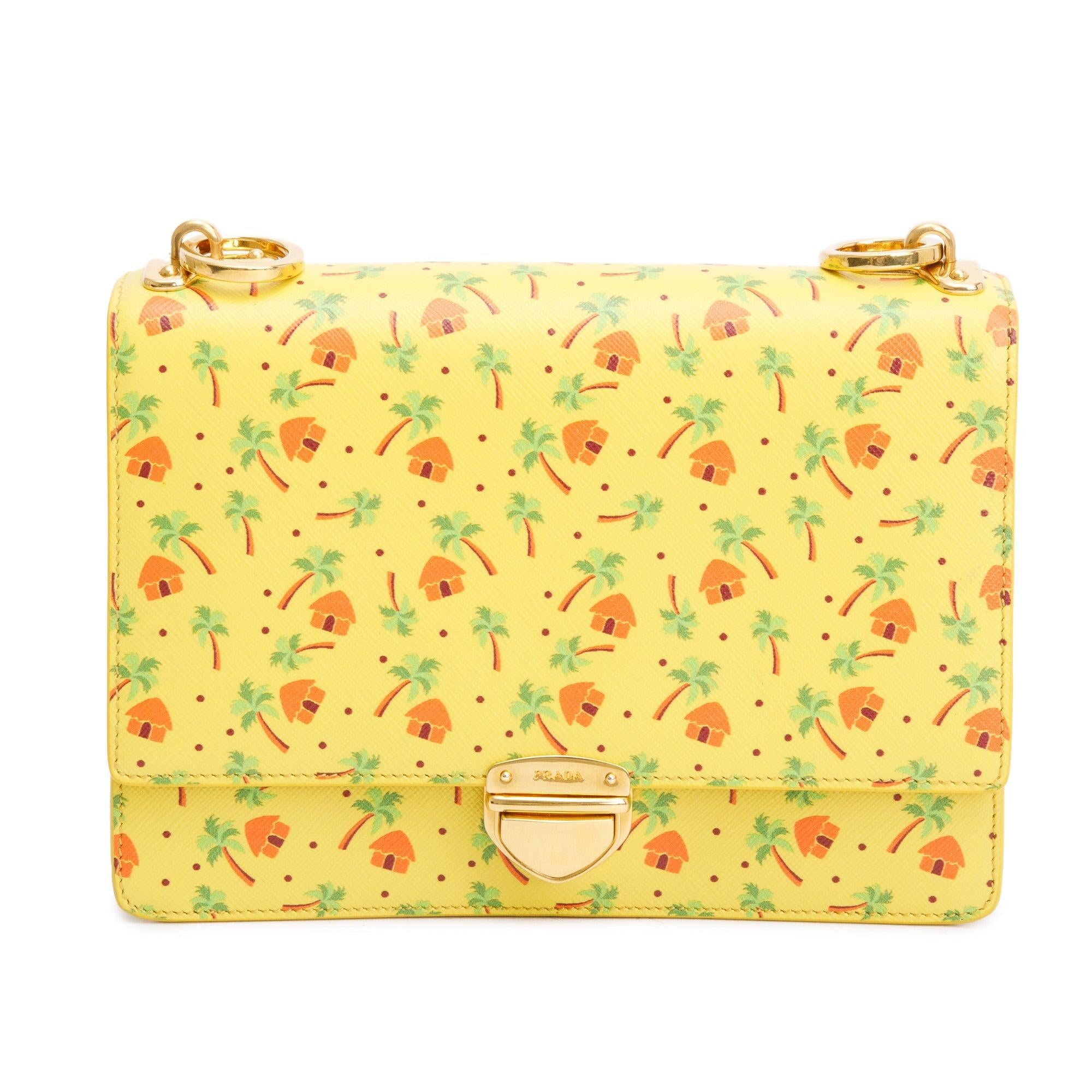 Prada Yellow Saffiano Stampata Palm Tree Print Crossbody Bag