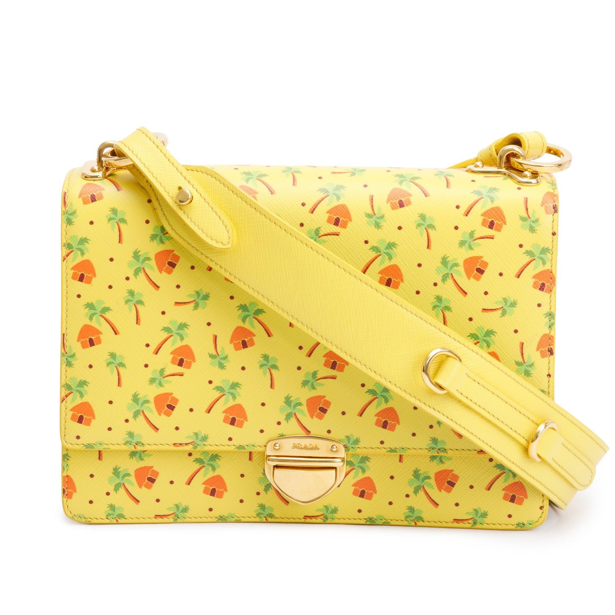 Prada Yellow Saffiano Stampata Palm Tree Print Crossbody Bag