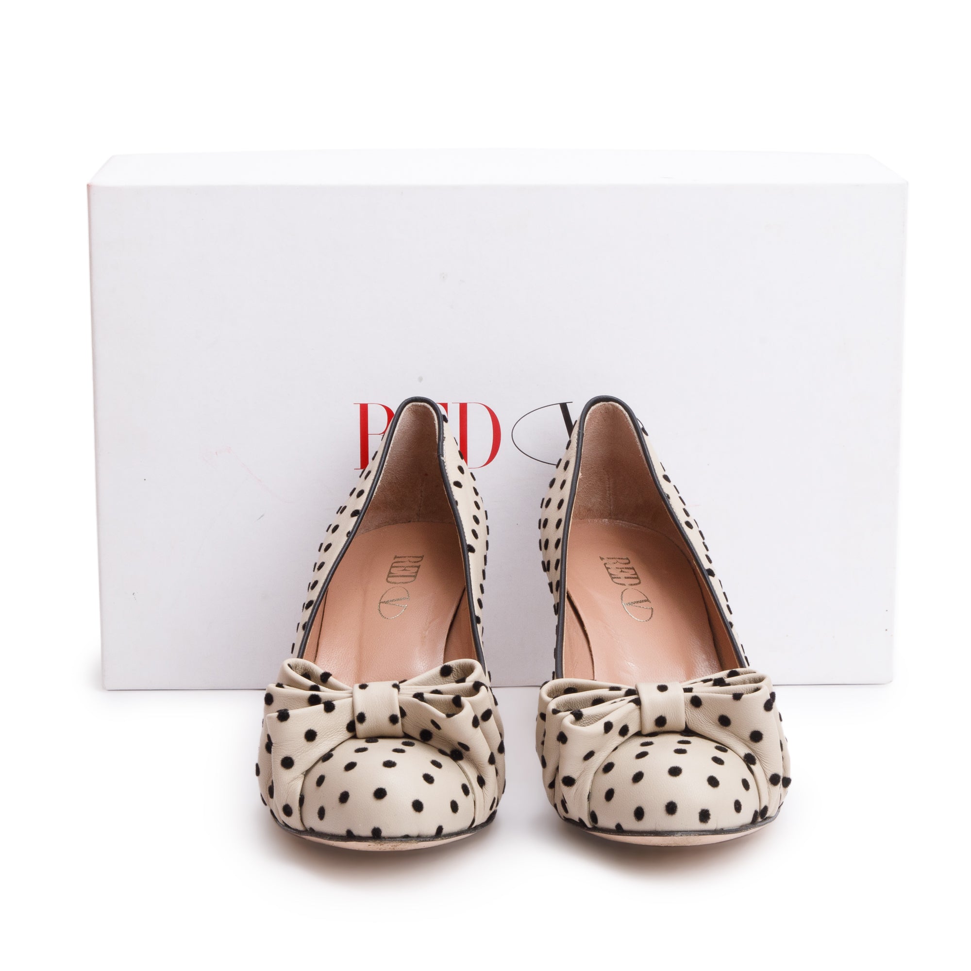 RED Valentino Beige Polka Dot Satin Bow Accent Pumps, Size 39 w/ Box