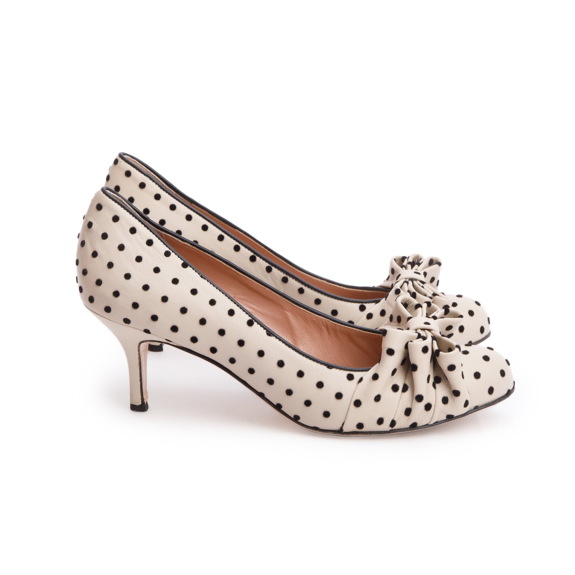 RED Valentino Beige Polka Dot Satin Bow Accent Pumps, Size 39 w/ Box