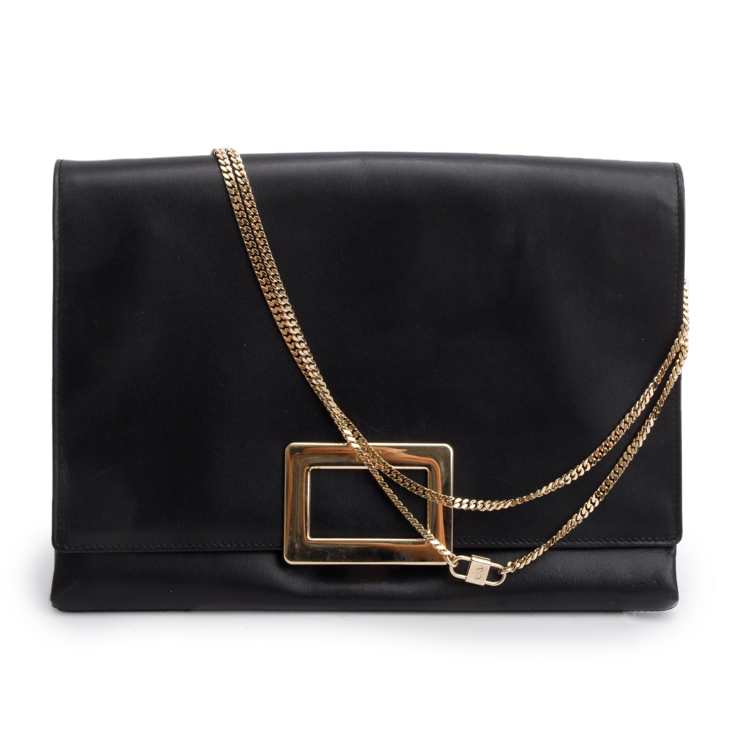 Roger Vivier Black Soft Leather Envelope Clutch on Chain