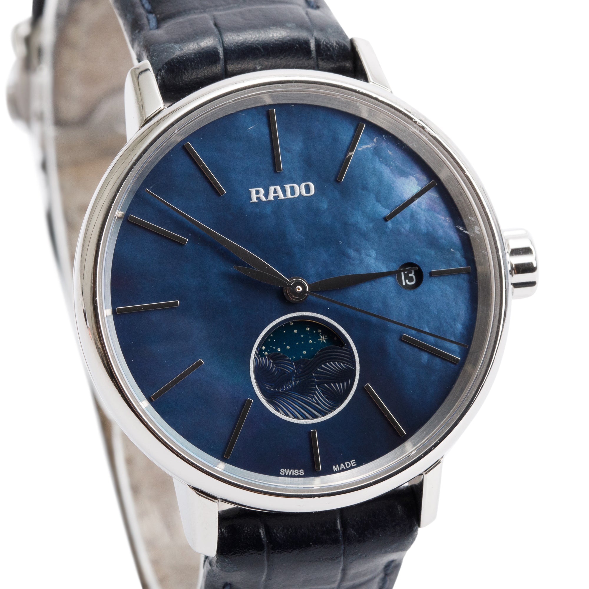Rado Stainless Steel Coupole Moonphase 34 MM Quartz Watch Blue Mother of Pearl Dial