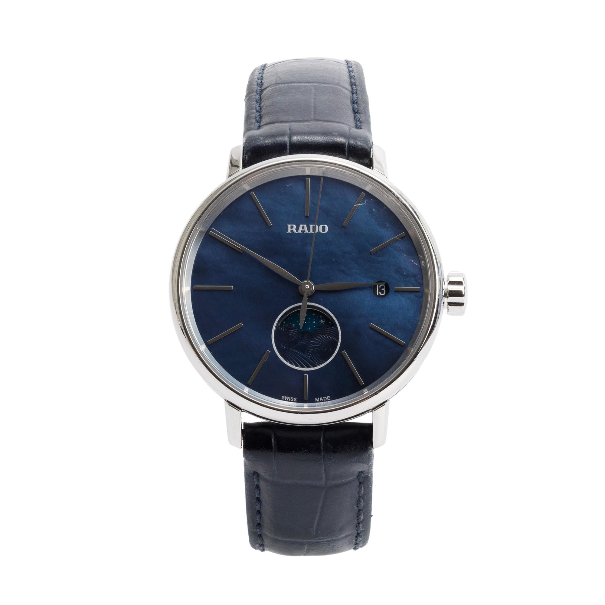 Rado Stainless Steel Coupole Moonphase 34 MM Quartz Watch Blue Mother of Pearl Dial