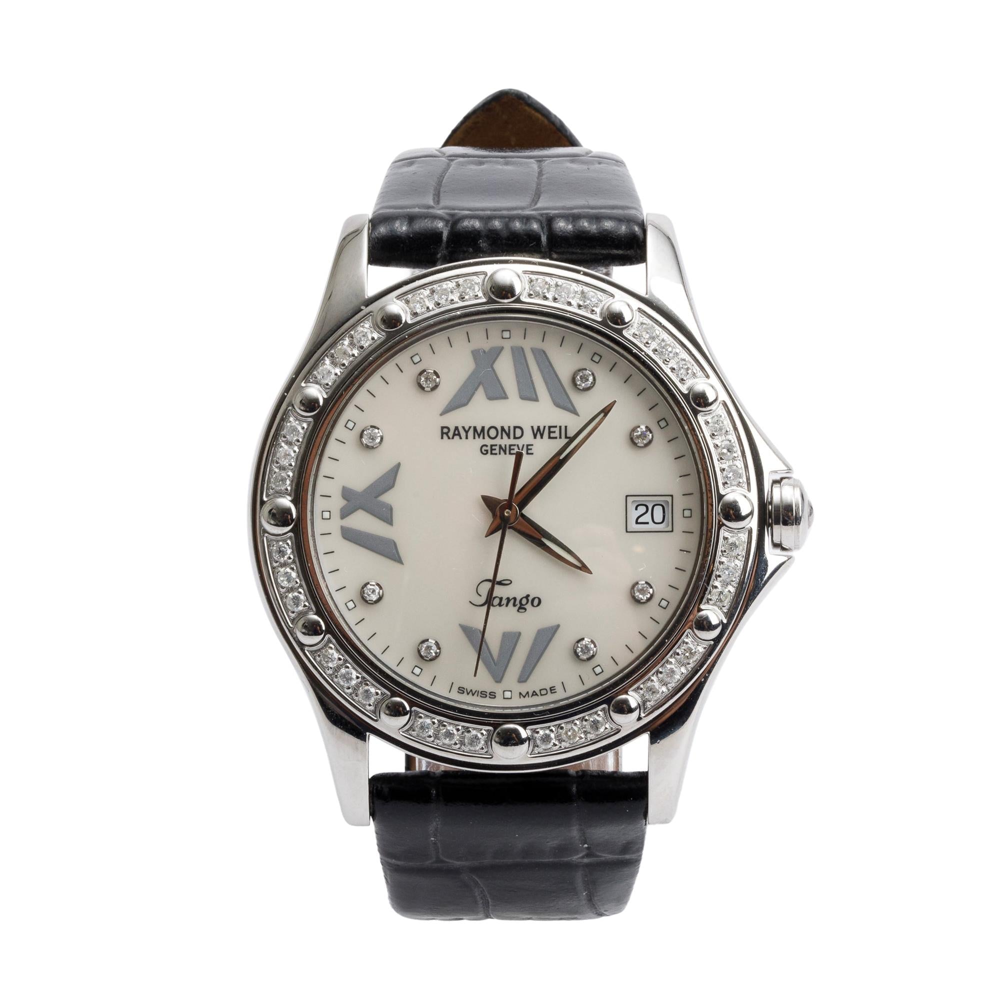 Raymond Weil Stainless Steel Tango Diamond Bezel Mother of Pearl Diamond Dial 38 MM Quartz Watch