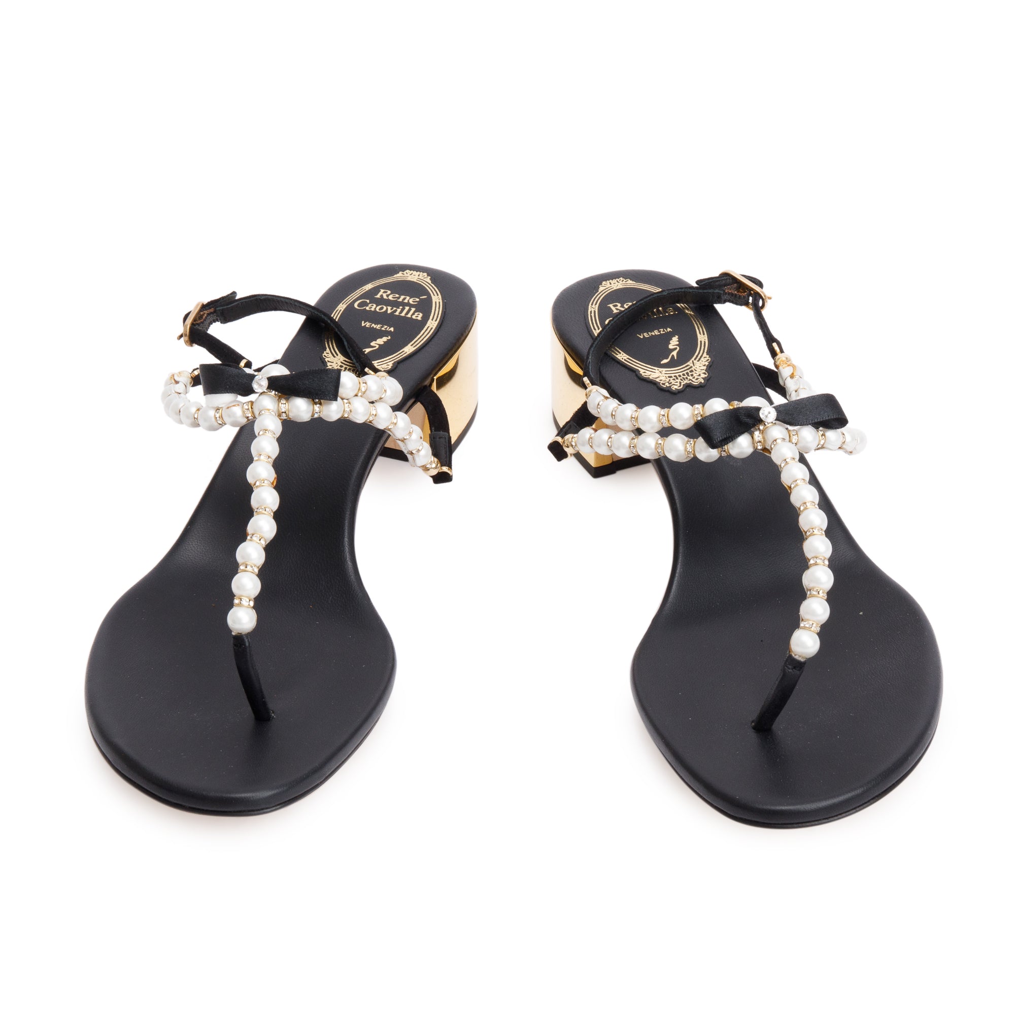 Rene Caovilla Black Leather Faux Pearl Crystal Embellished T-Strap Sandals, Size 38.5