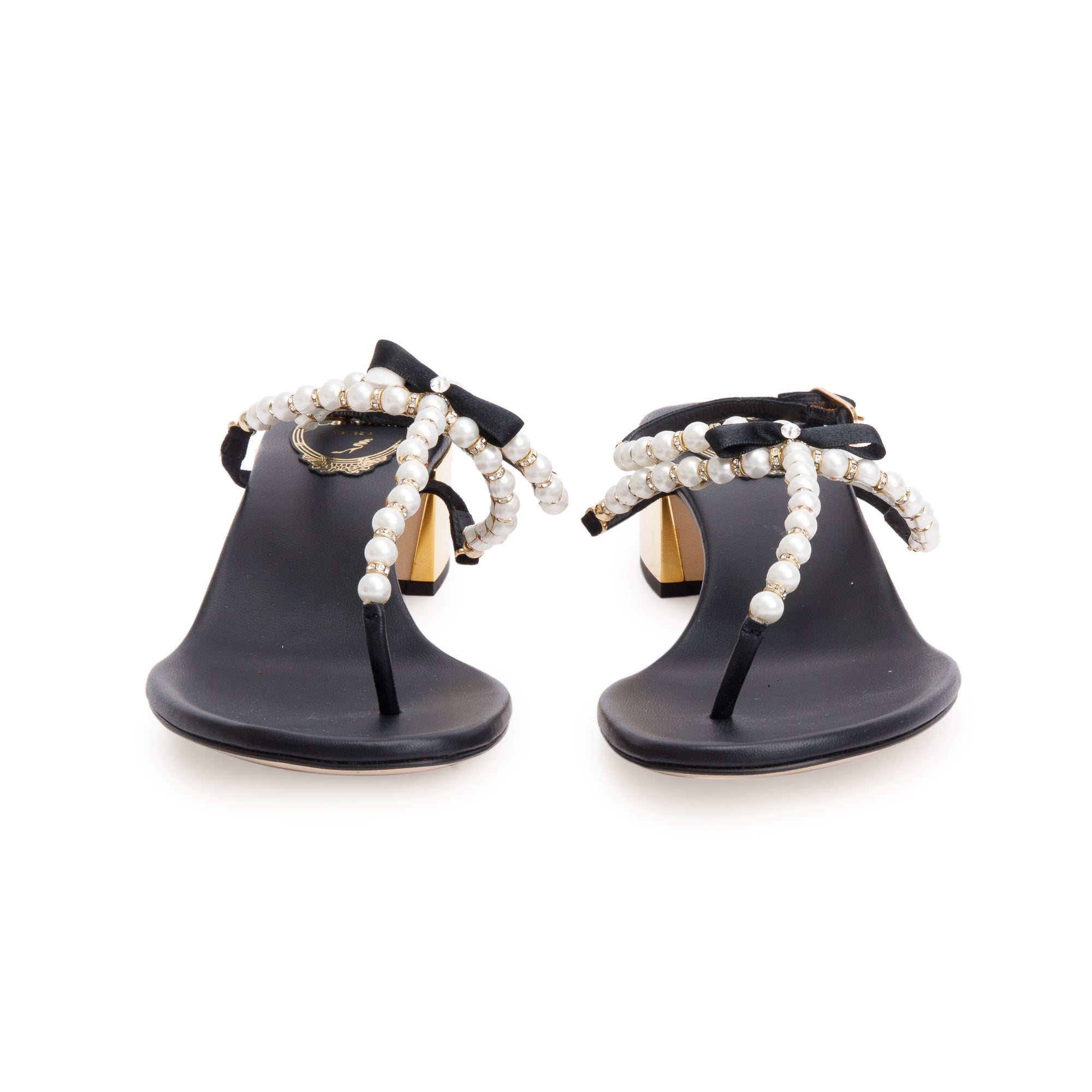 Rene Caovilla Black Leather Faux Pearl Crystal Embellished T-Strap Sandals, Size 38.5