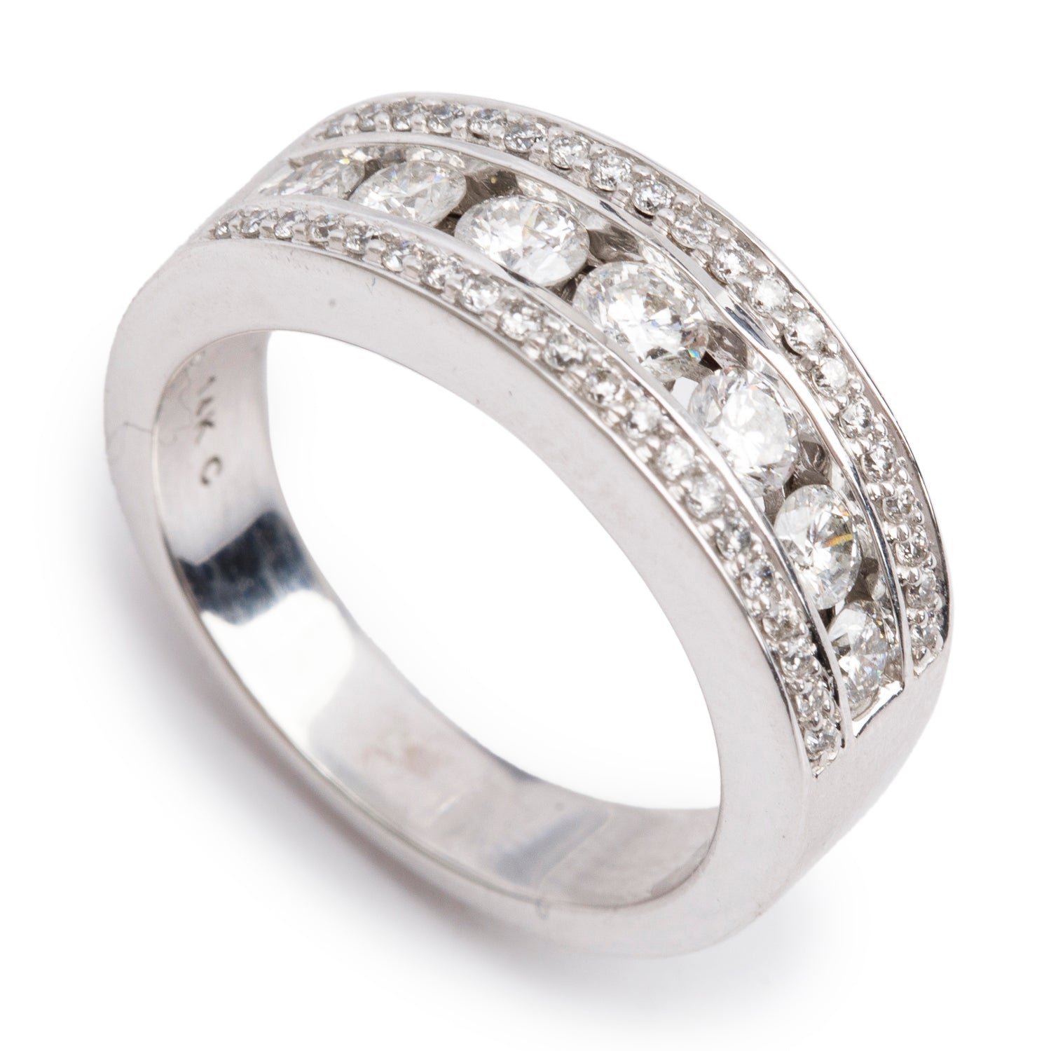 14k White Gold Three-Row Diamond Band Ring, Size 7