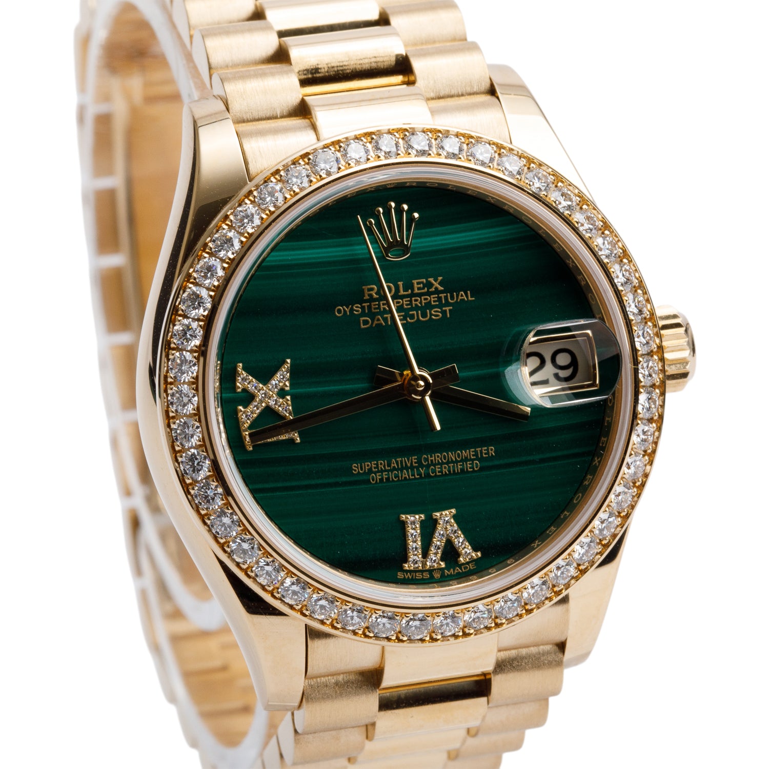 Rolex 18k Yellow Gold Diamond Bezel Datejust 31 MM Watch Malachite Diamond Dial 278288RBR w/ Box & Papers