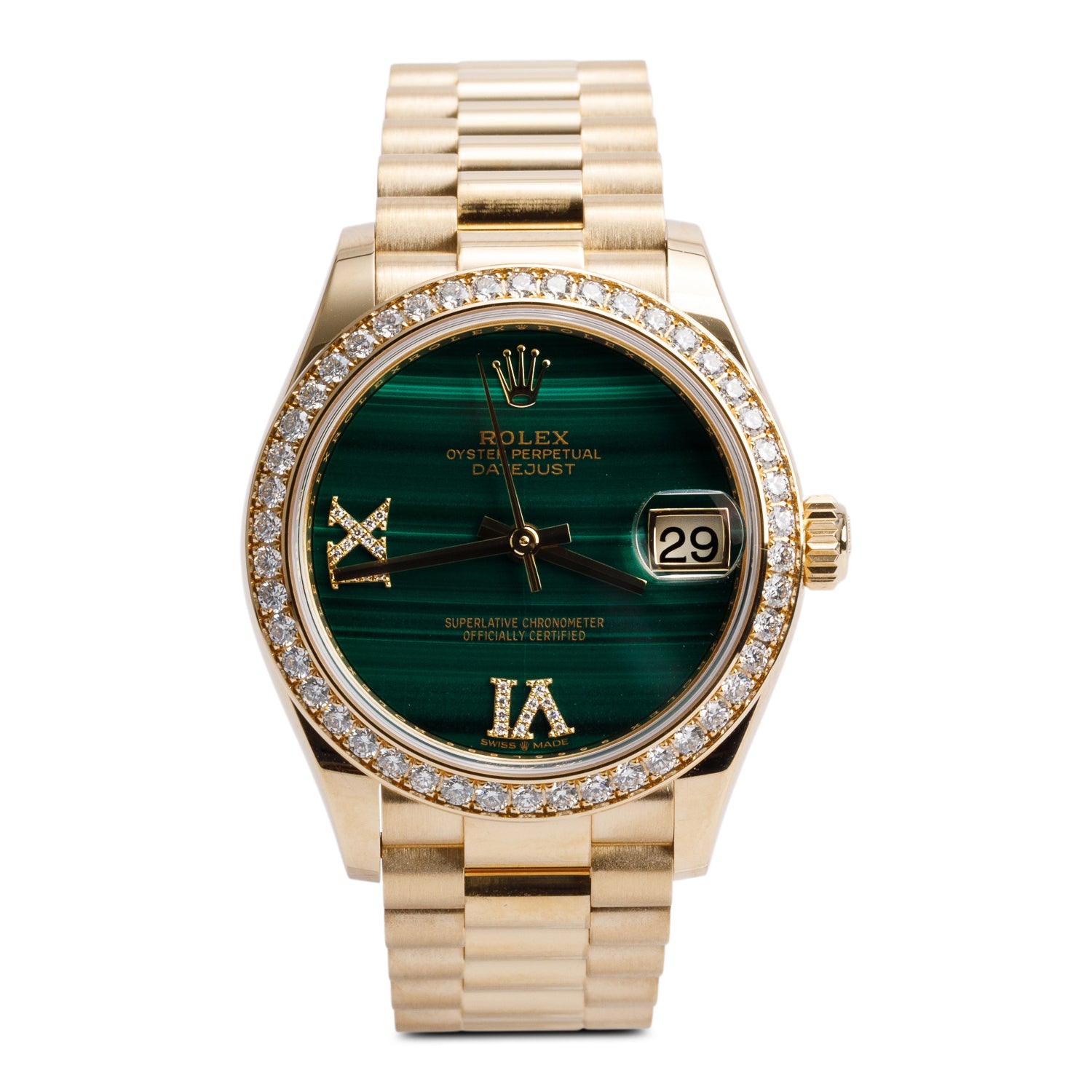 Rolex 18k Yellow Gold Diamond Bezel Datejust 31 MM Watch Malachite Diamond Dial 278288RBR w/ Box & Papers