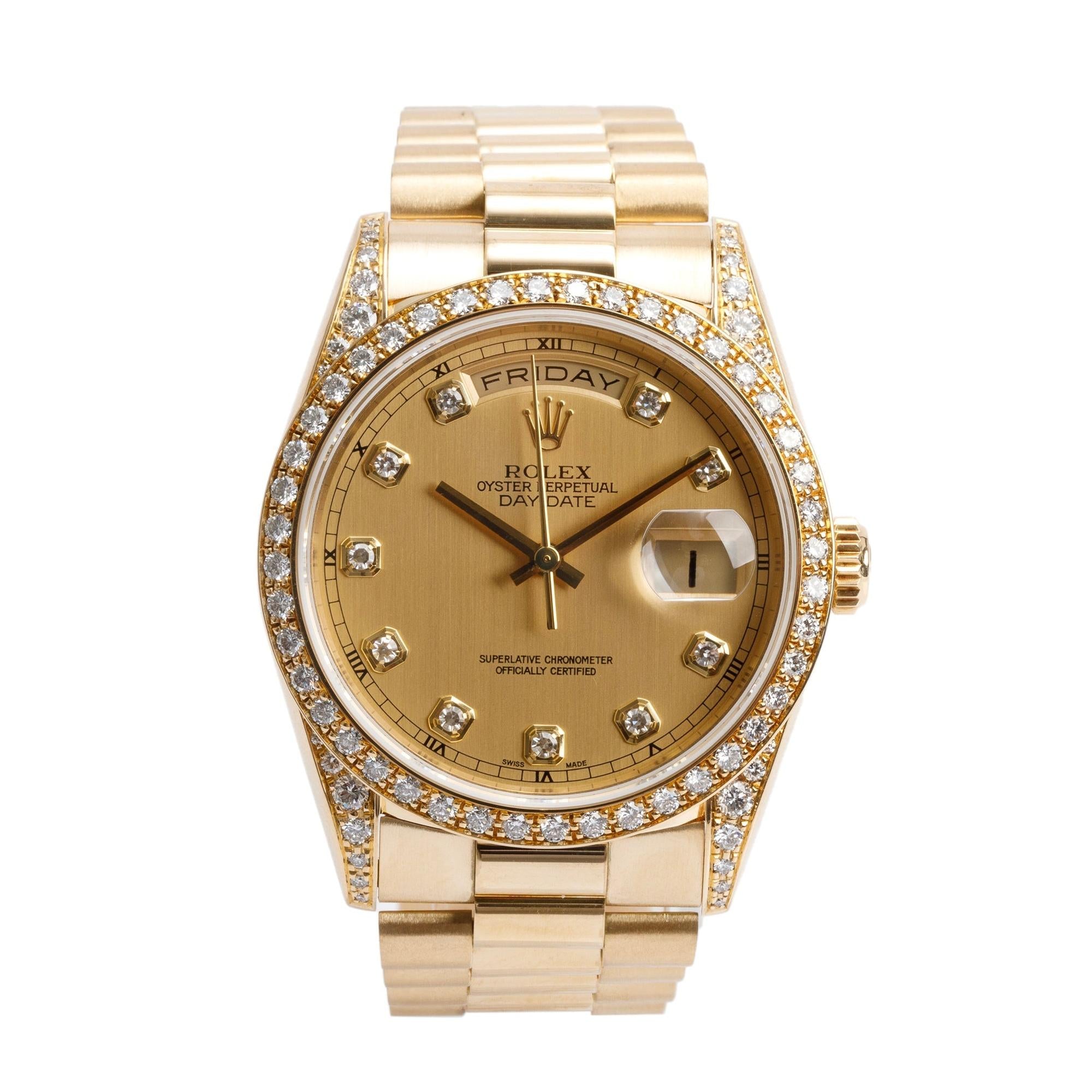 Rolex 18k Yellow Gold Diamond Bezel & Dial Day Date 36 MM President Watch 18388 w/ Box