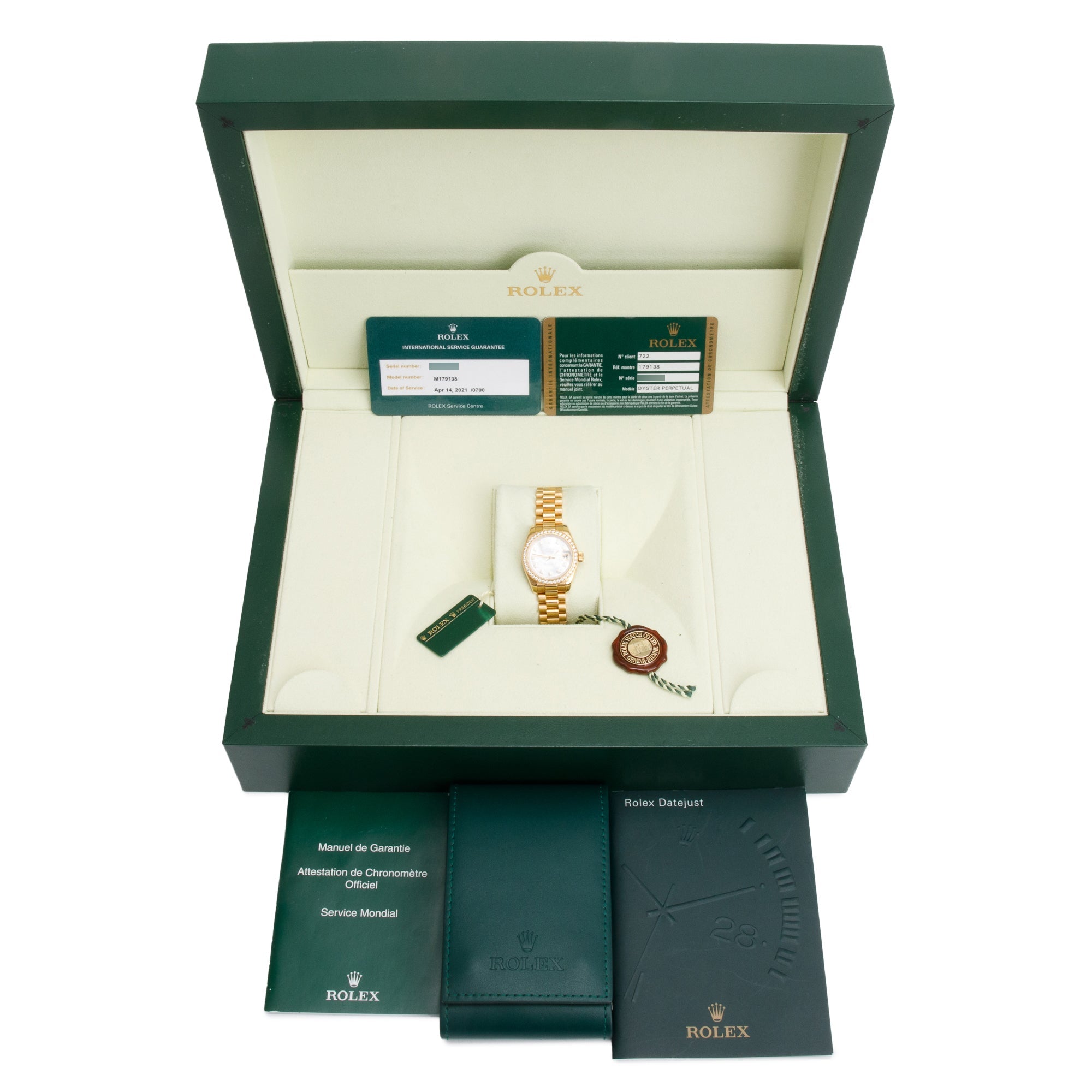 Rolex 18k Yellow Gold Diamond Bezel & Mother of Pearl Diamond Dial Lady-Datejust 26 MM Watch 179138 w/ Box & Papers