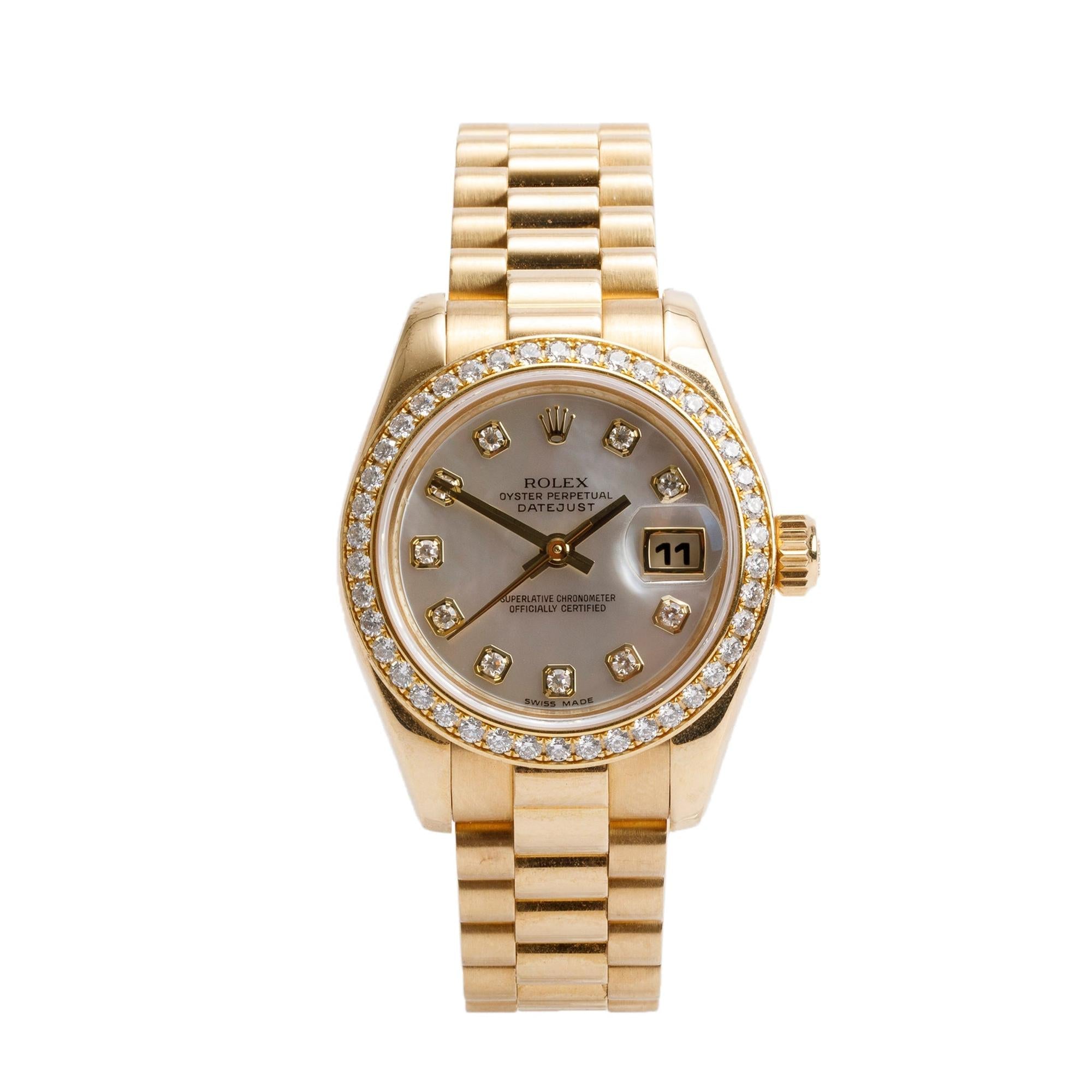 Rolex 18k Yellow Gold Diamond Bezel & Mother of Pearl Diamond Dial Lady-Datejust 26 MM Watch 179138 w/ Box & Papers