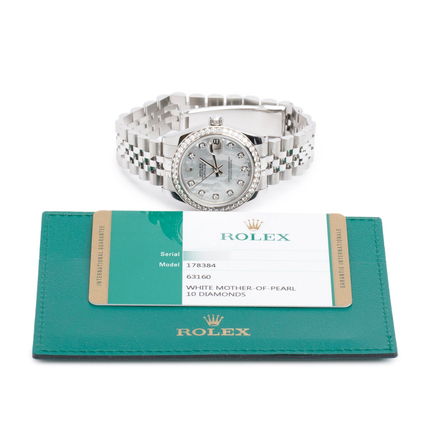 Rolex 2020 Stainless Steel Diamond Bezel Datejust 31 MM Automatic Watch Mother of Pearl Diamond Dial 178384 w/ Papers