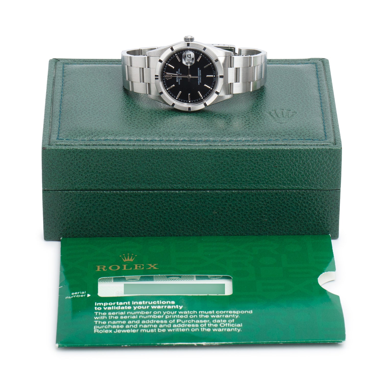 Rolex Stainless Steel Oyster Perpetual Date 34 MM Watch Black Dial 15210 w/ Box & Papers