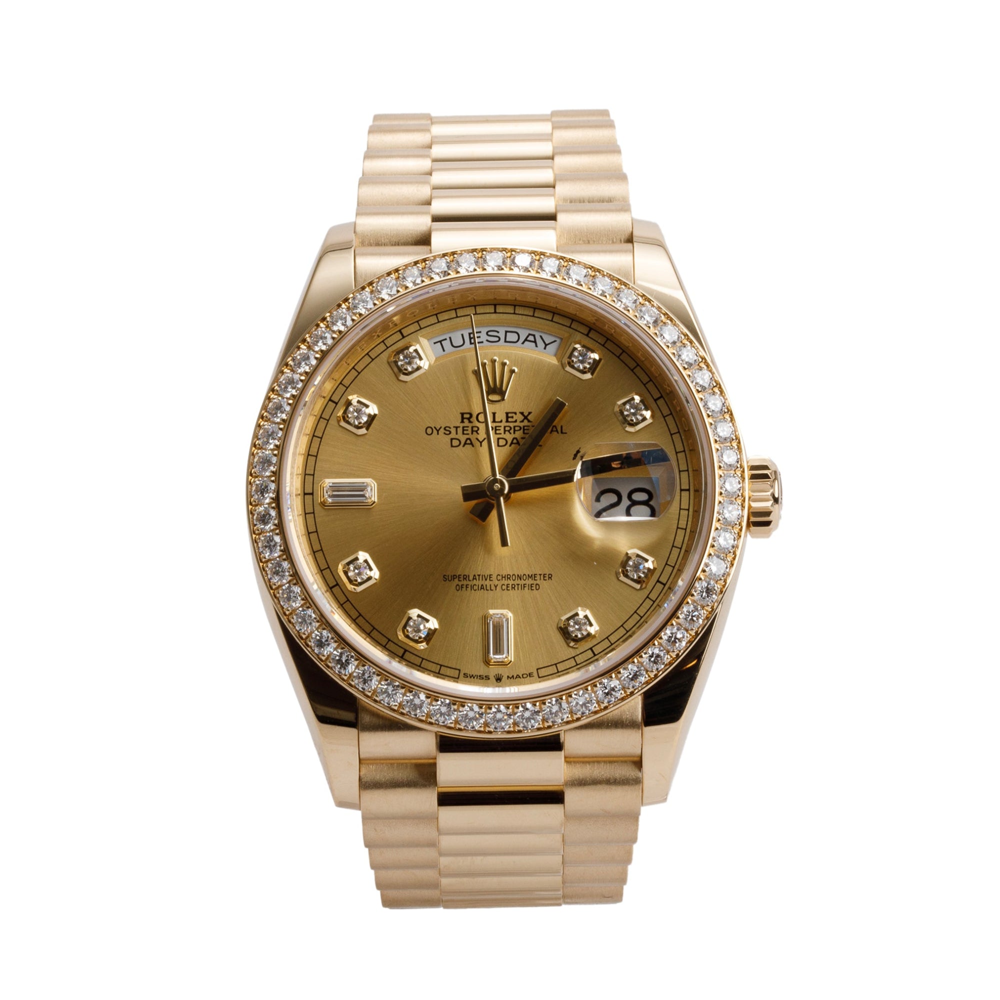Rolex 2023 18k Yellow Gold Diamond Bezel & Dial Day Date 36 MM President Watch 128348RBR w/ Box & Papers