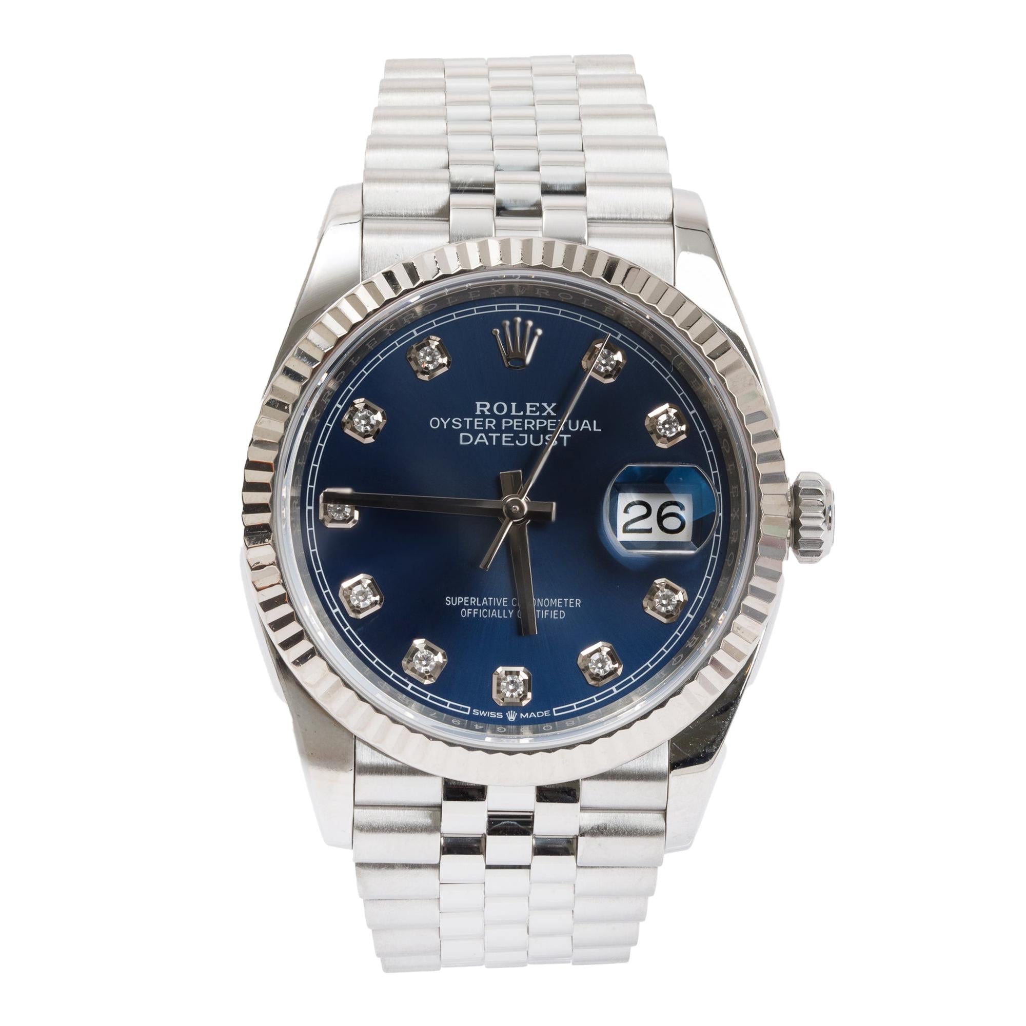 Rolex Stainless 2020 Steel Oyster Perpetual Datejust 36 MM Blue DIamond Dial Watch w/ Box & Papers