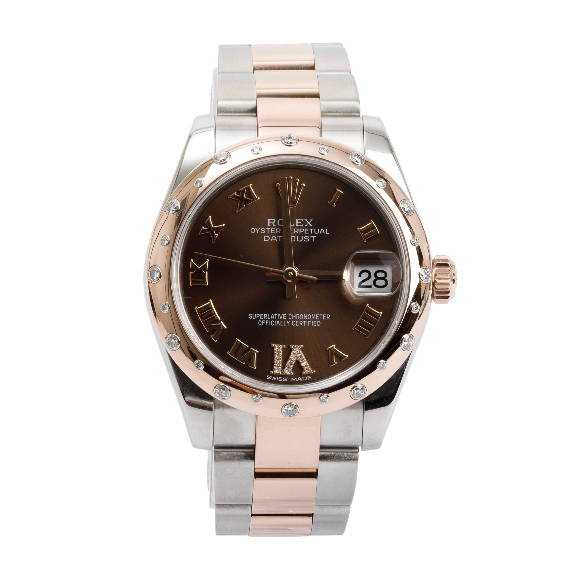 Rolex Stainless Steel & 18k Everose Gold Diamond Bezel Chocolate Dial Datejust 31 MM Watch w/ Box