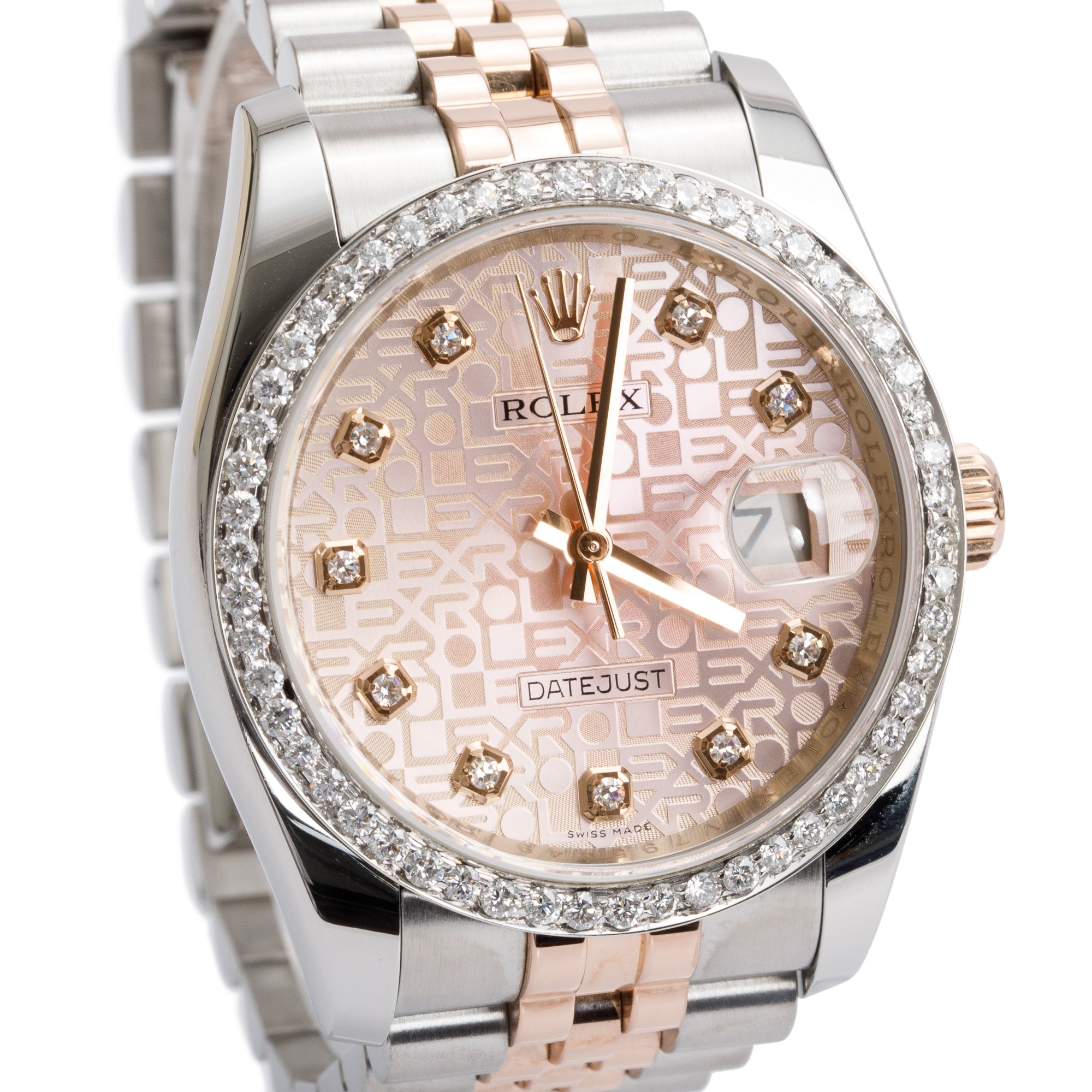 Rolex Stainless Steel & 18k Rose Gold Aftermarket Diamond Bezel & Diamond Dial Datejust 36 MM Watch 116231