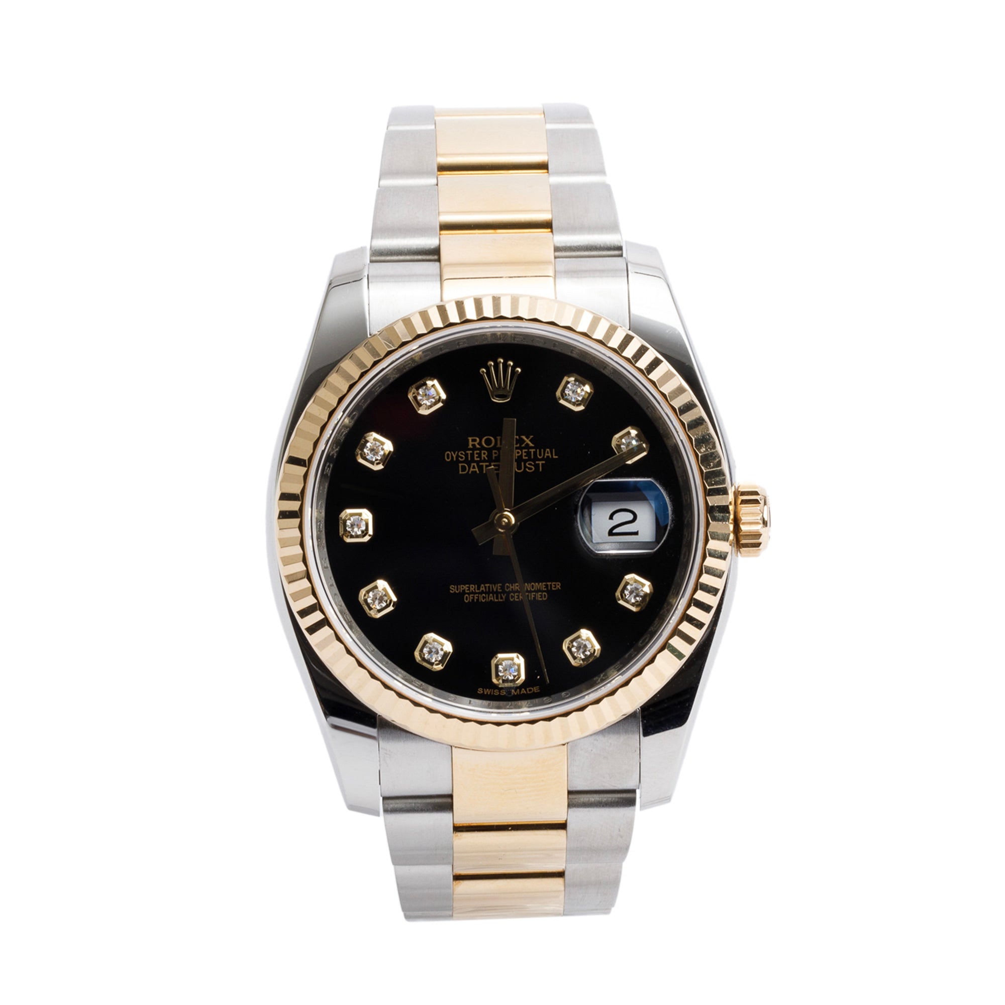 Rolex Stainless Steel & 18k Yellow Gold Datejust 36 MM Watch Black Diamond Dial 116233 w/ Box & Papers
