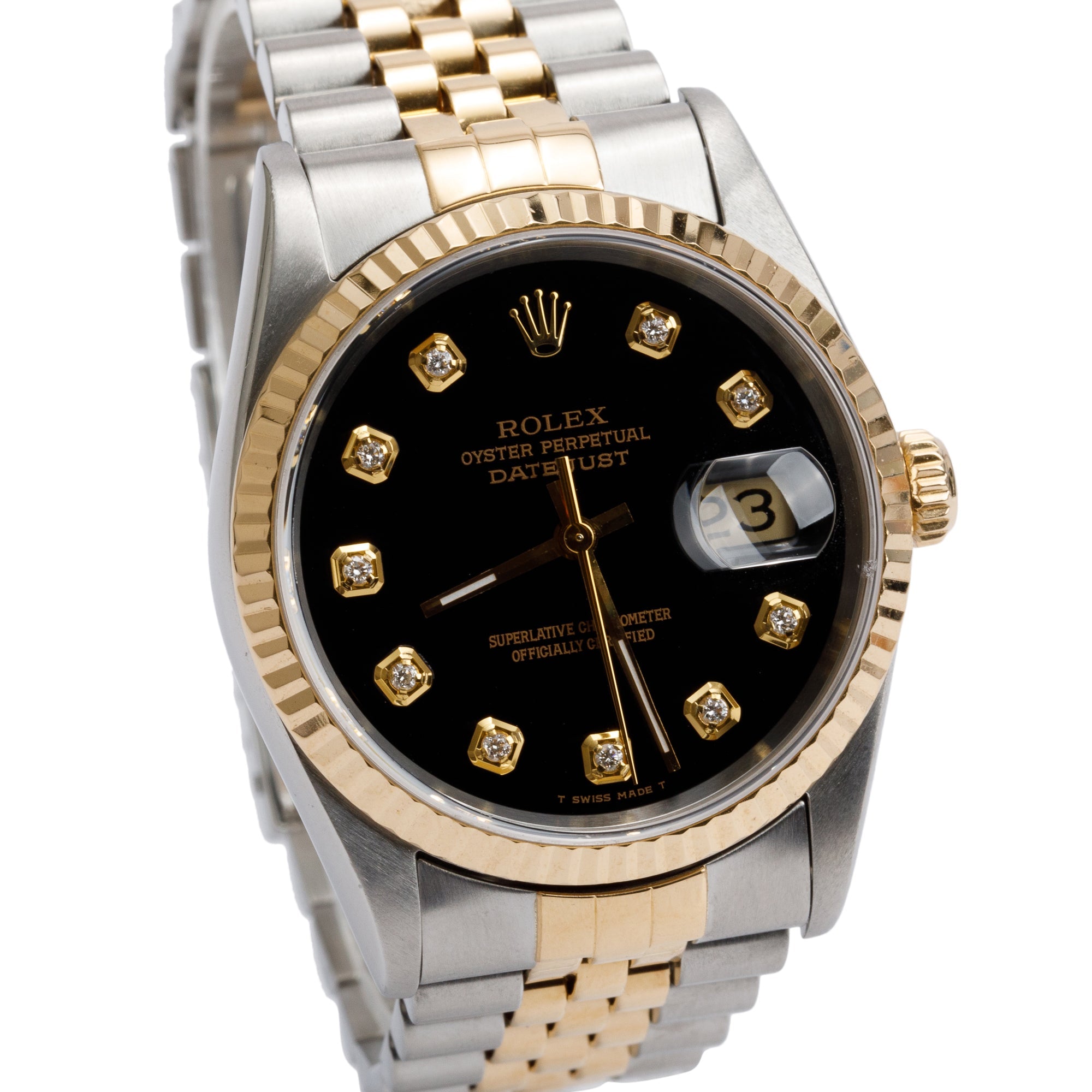 Rolex Stainless Steel & 18k Yellow Gold Datejust 36 MM Watch Black Diamond Dial 16233