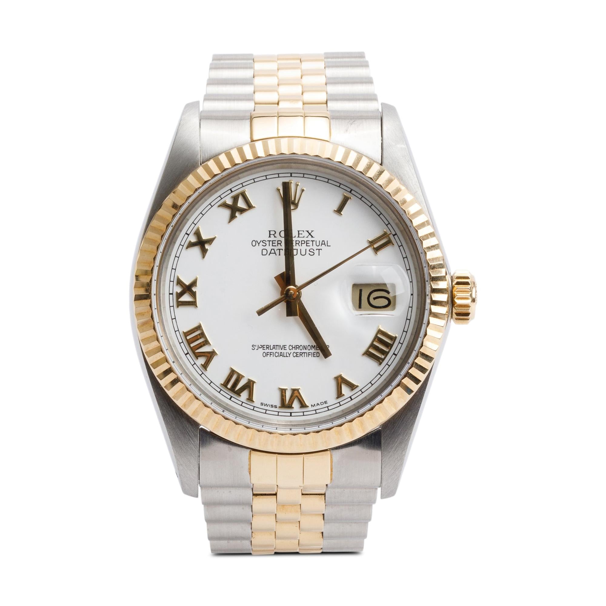 Rolex Stainless Steel & 18k Yellow Gold Datejust 36 MM Watch White Roman Numeral Dial 16013 w/ Box & Papers