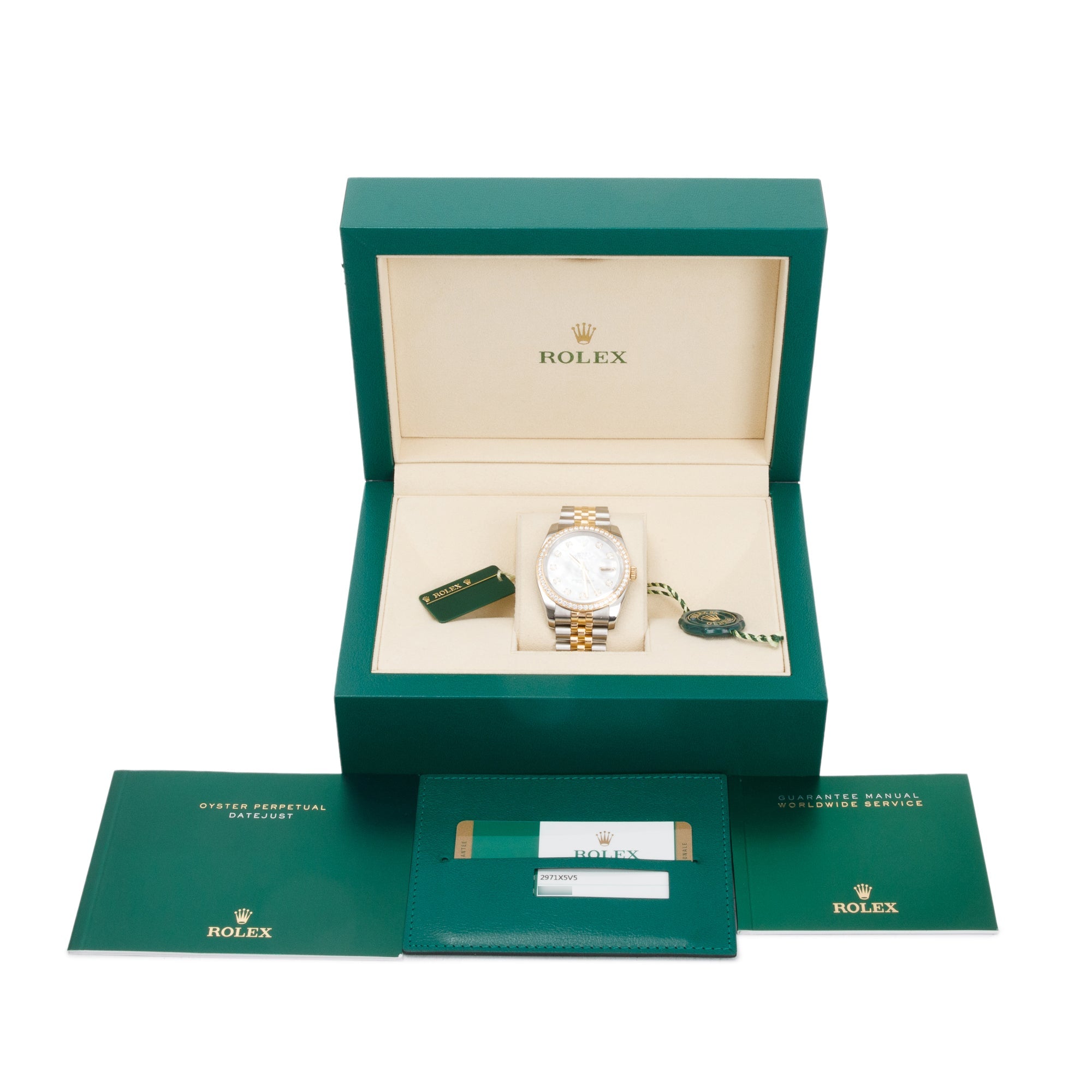 Rolex Stainless Steel & 18k Yellow Gold Diamond Bezel & Mother of Pearl Diamond Dial Datejust 36 MM Watch w/ Box & Papers