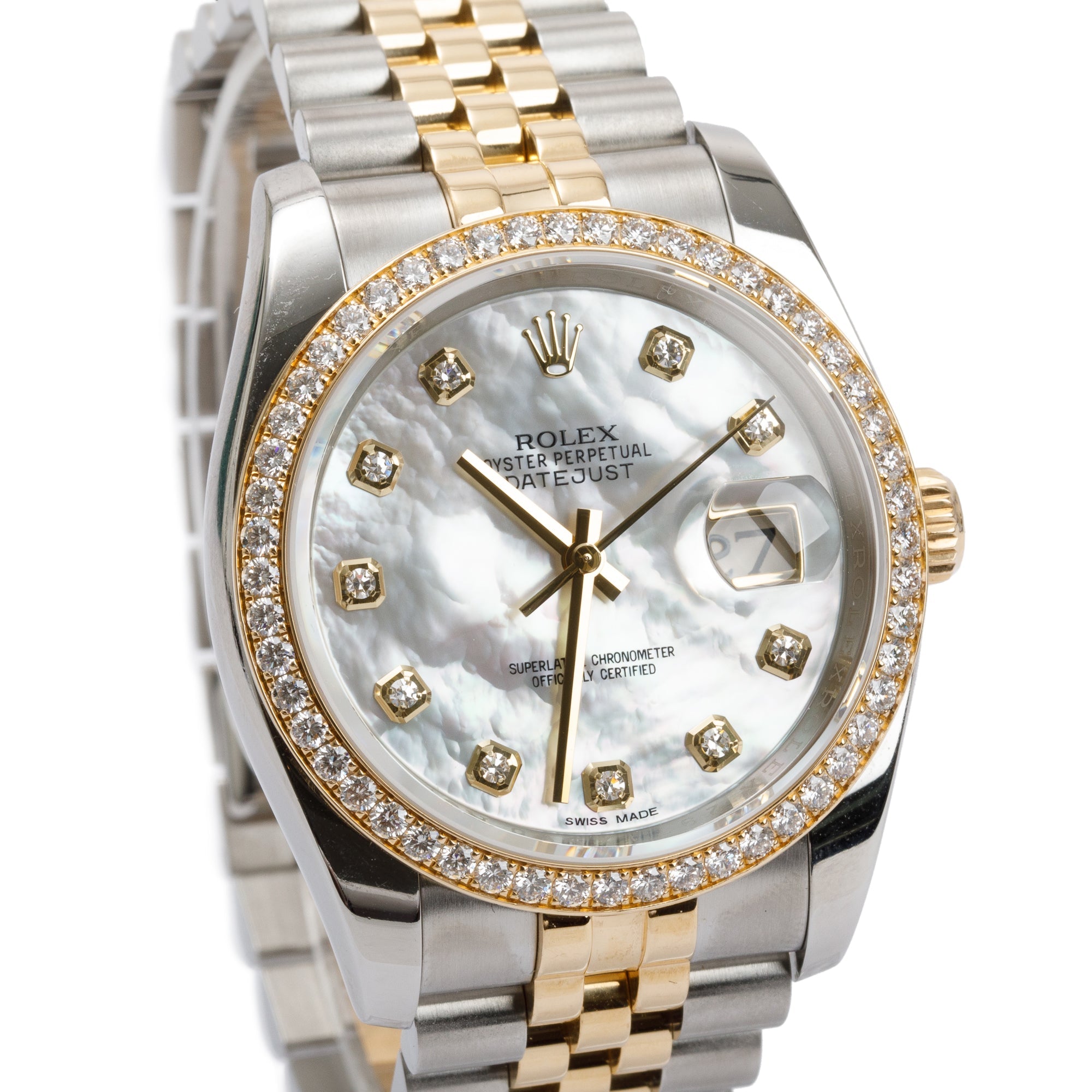Rolex Stainless Steel & 18k Yellow Gold Diamond Bezel & Mother of Pearl Diamond Dial Datejust 36 MM Watch w/ Box & Papers