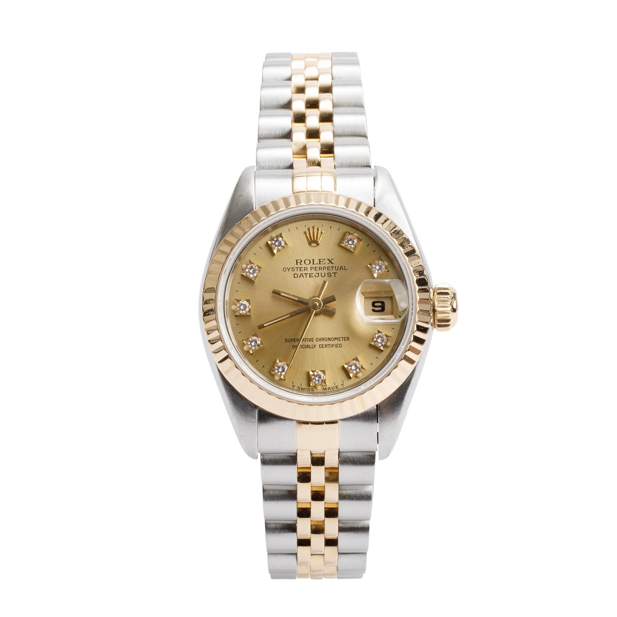 Rolex Stainless Steel & 18k Yellow Gold Diamond Dial Datejust 26 MM Watch 69173 w/ Box