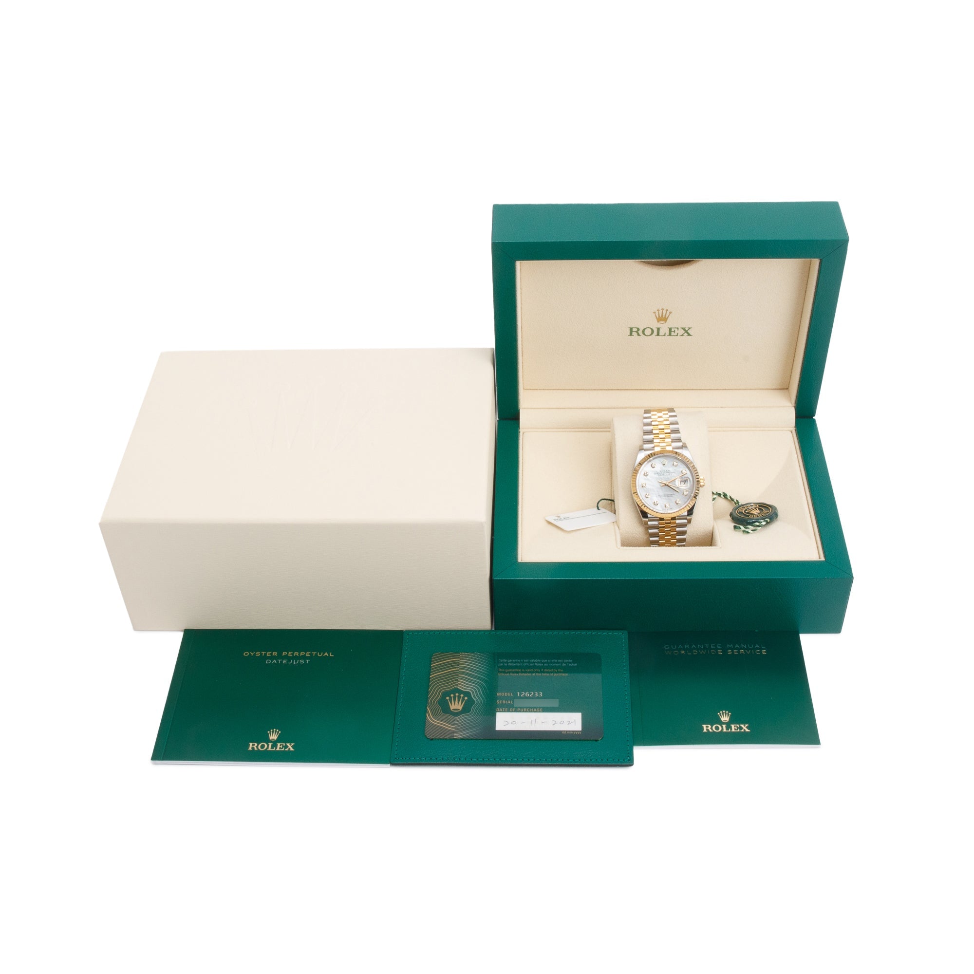 Rolex Stainless Steel & 18k Yellow Gold Mother of Pearl Diamond Dial Datejust 36 MM Watch 126233 w/ Box & Papers