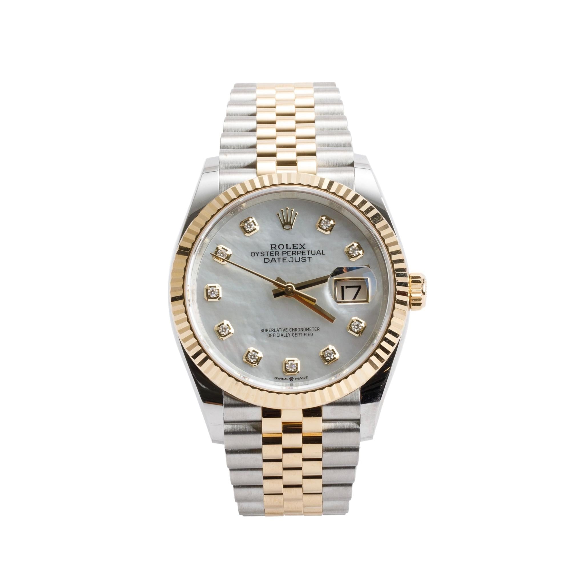 Rolex Stainless Steel & 18k Yellow Gold Mother of Pearl Diamond Dial Datejust 36 MM Watch 126233 w/ Box & Papers