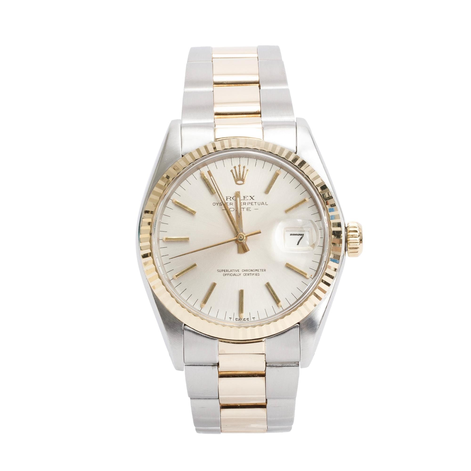 Rolex Stainless Steel & 18k Yellow Gold Oyster Perpetual Date 34 MM Watch Silver Dial 1500