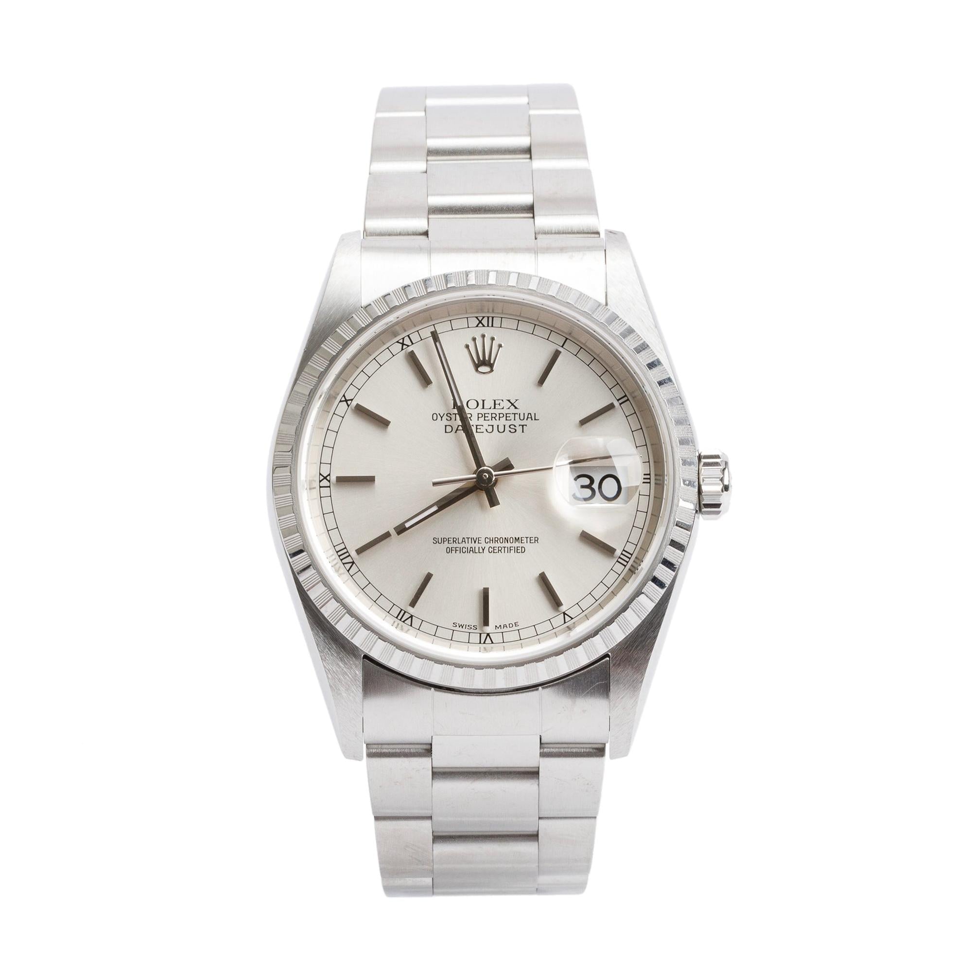 Rolex Stainless Steel Datejust 36 MM Automatic Watch Silver Dial 16220 w/ Box & Papers