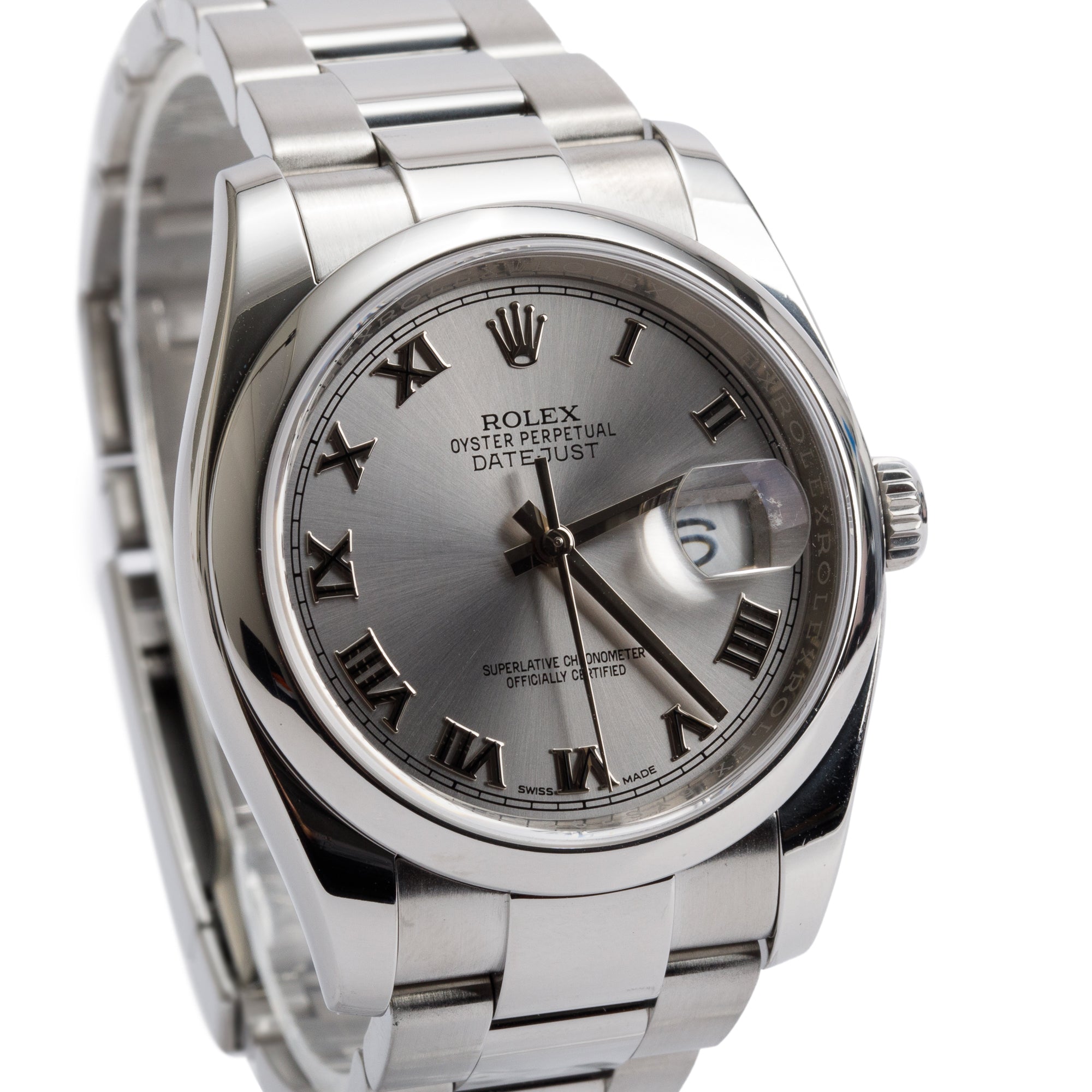 Rolex Stainless Steel Datejust 36 MM Silver Roman Numeral Dial Automatic Watch 116200 w/ Box & Papers