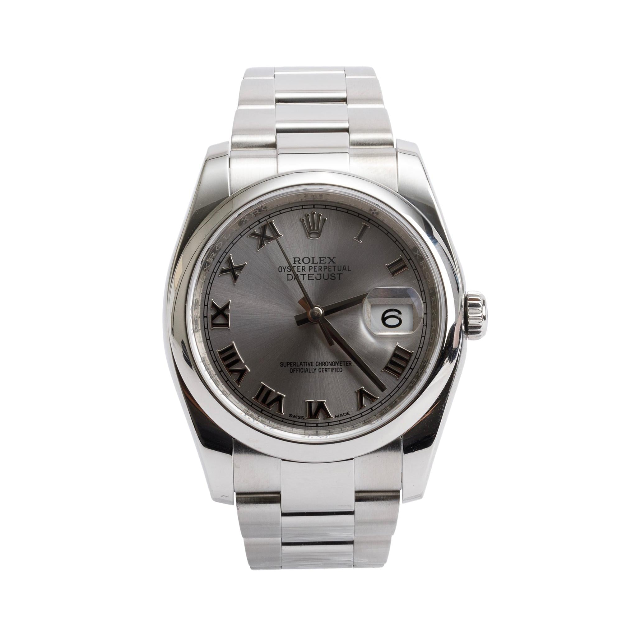 Rolex Stainless Steel Datejust 36 MM Silver Roman Numeral Dial Automatic Watch 116200 w/ Box & Papers