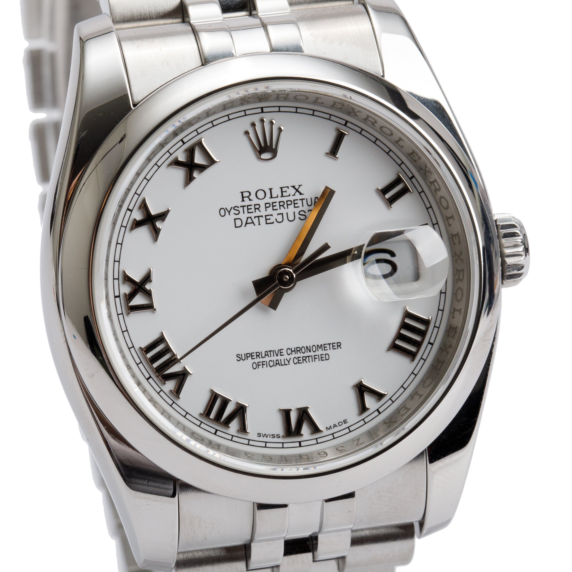 Rolex Stainless Steel Datejust 36 MM White Roman Numberal Dial Automatic Watch 116200