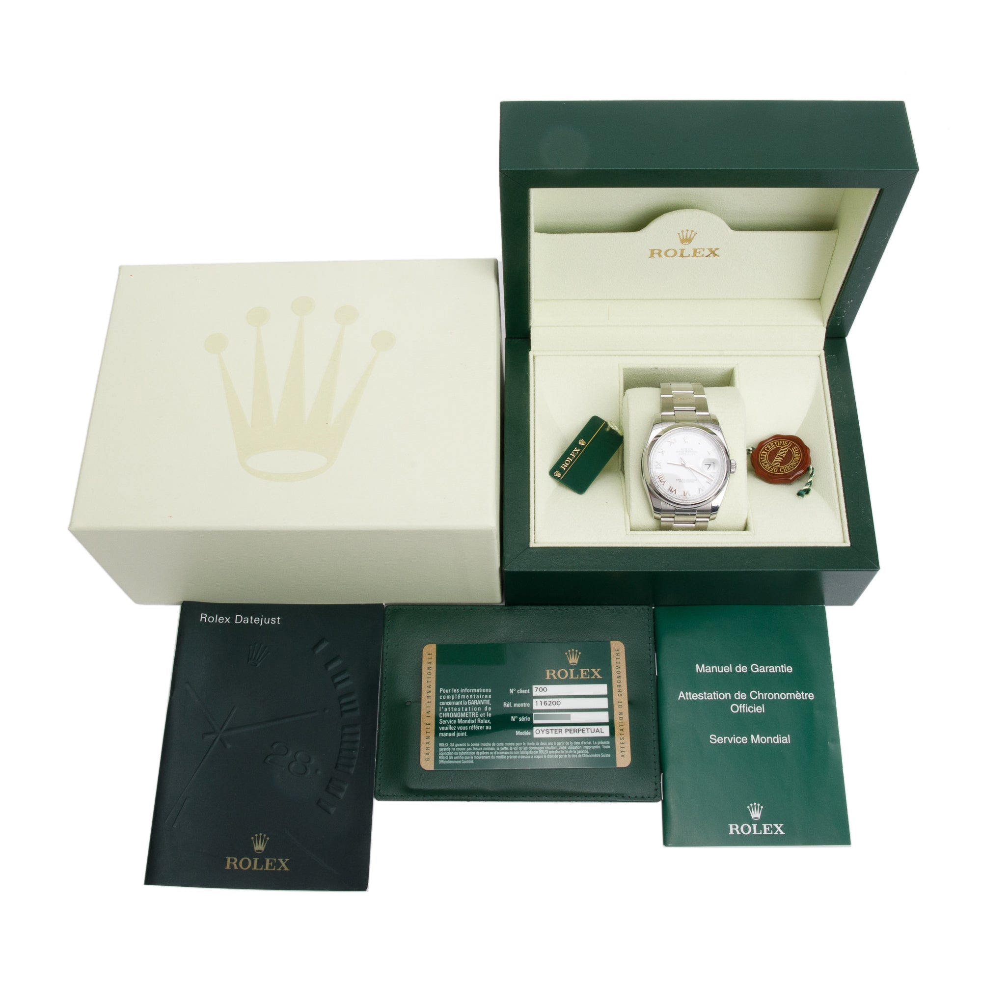 Rolex Stainless Steel Datejust 36 MM White Roman Numberal Dial Automatic Watch 116200 w/ Box & Papers
