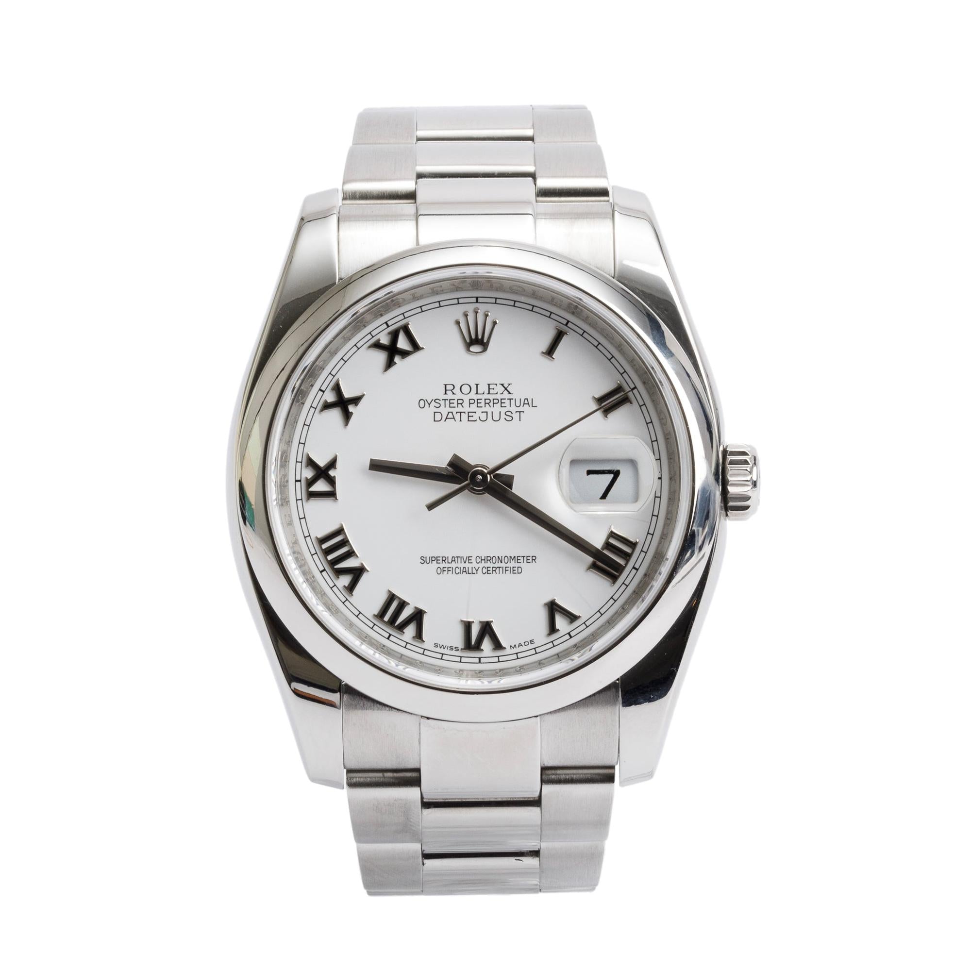 Rolex Stainless Steel Datejust 36 MM White Roman Numberal Dial Automatic Watch 116200 w/ Box & Papers