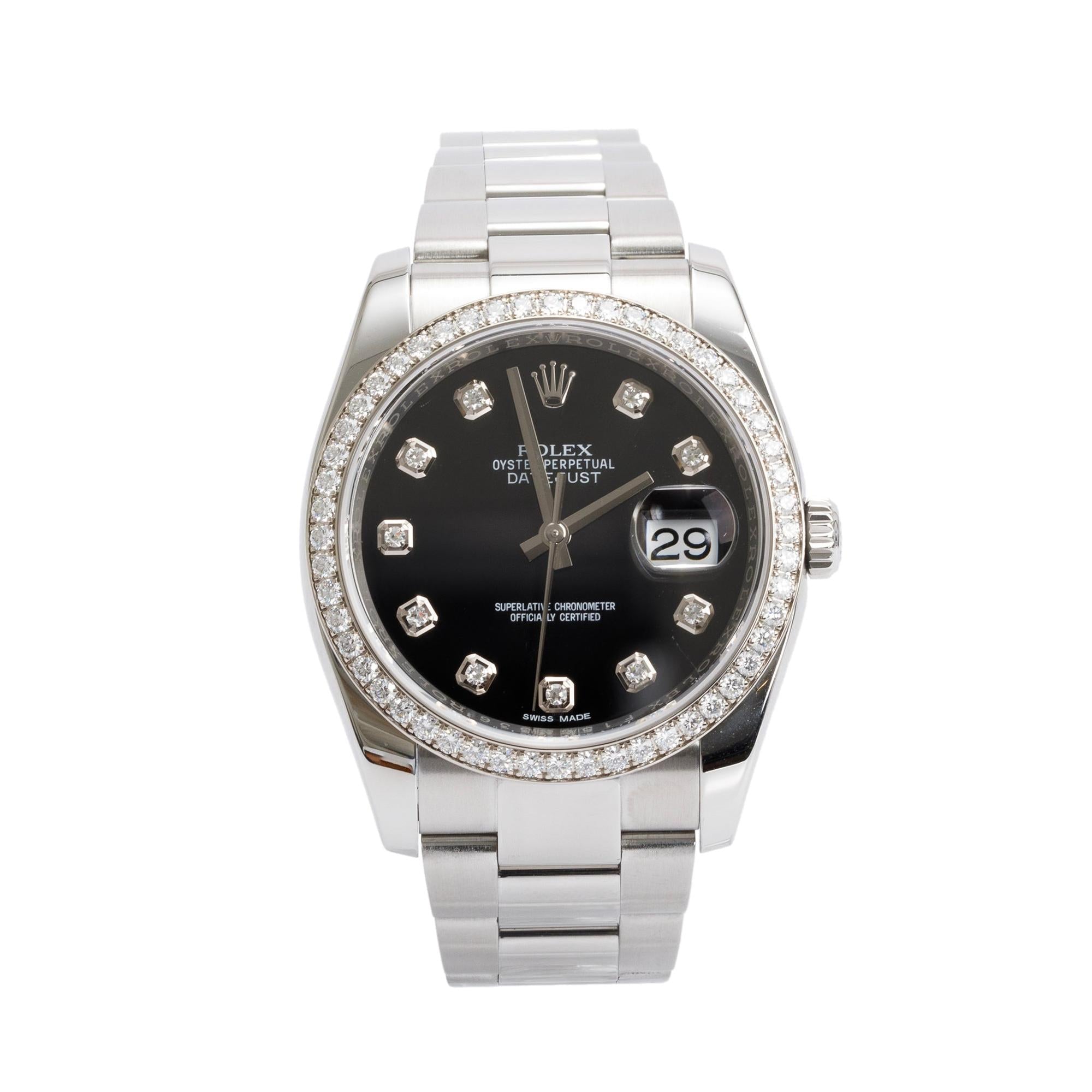 Rolex Stainless Steel Datejust Diamond Bezel Black Diamond Dial 36 MM Datejust Watch 116244 w/ Box & Papers