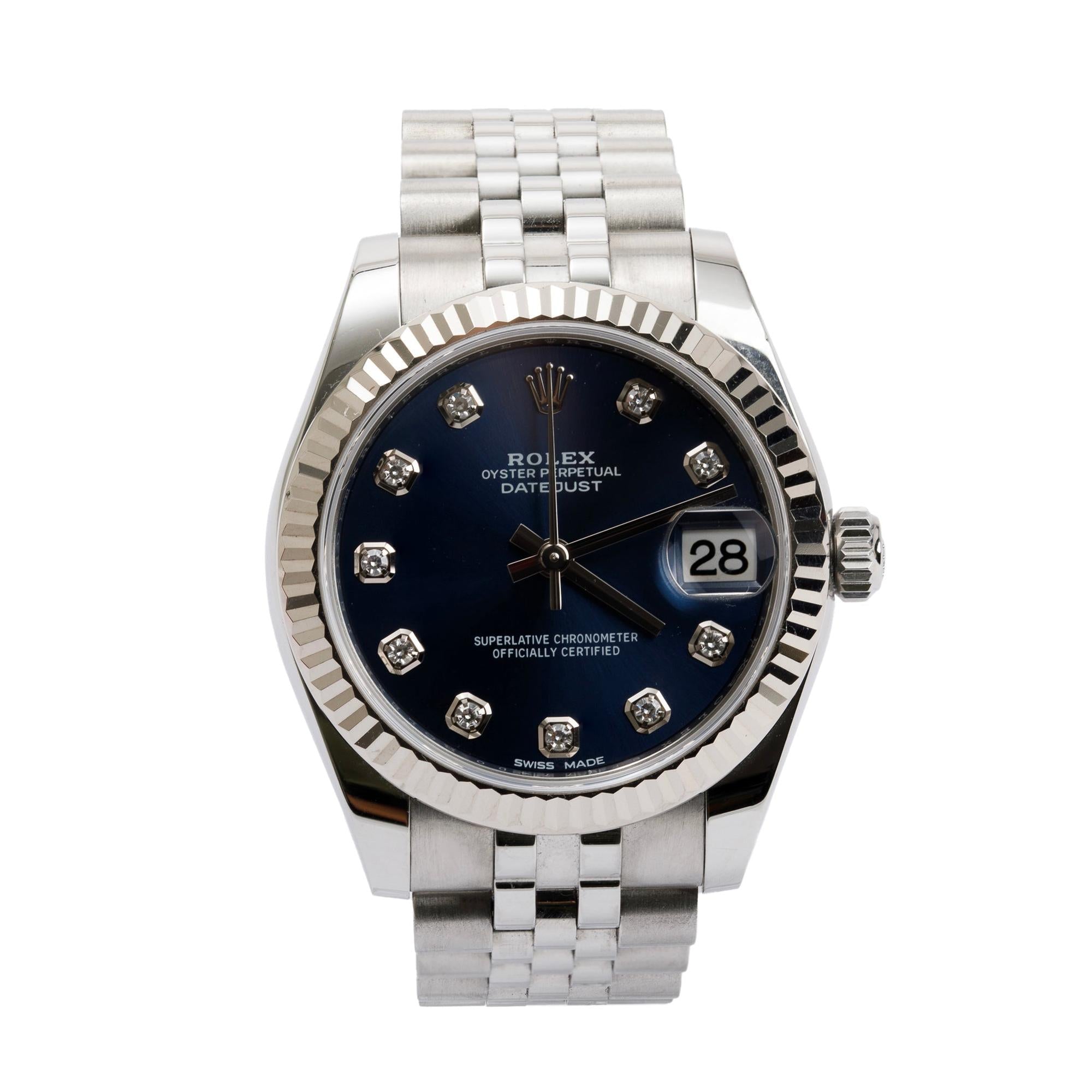 Rolex Stainless Steel Diamond Blue Dial Datejust 31MM Watch w/ Box & Papers