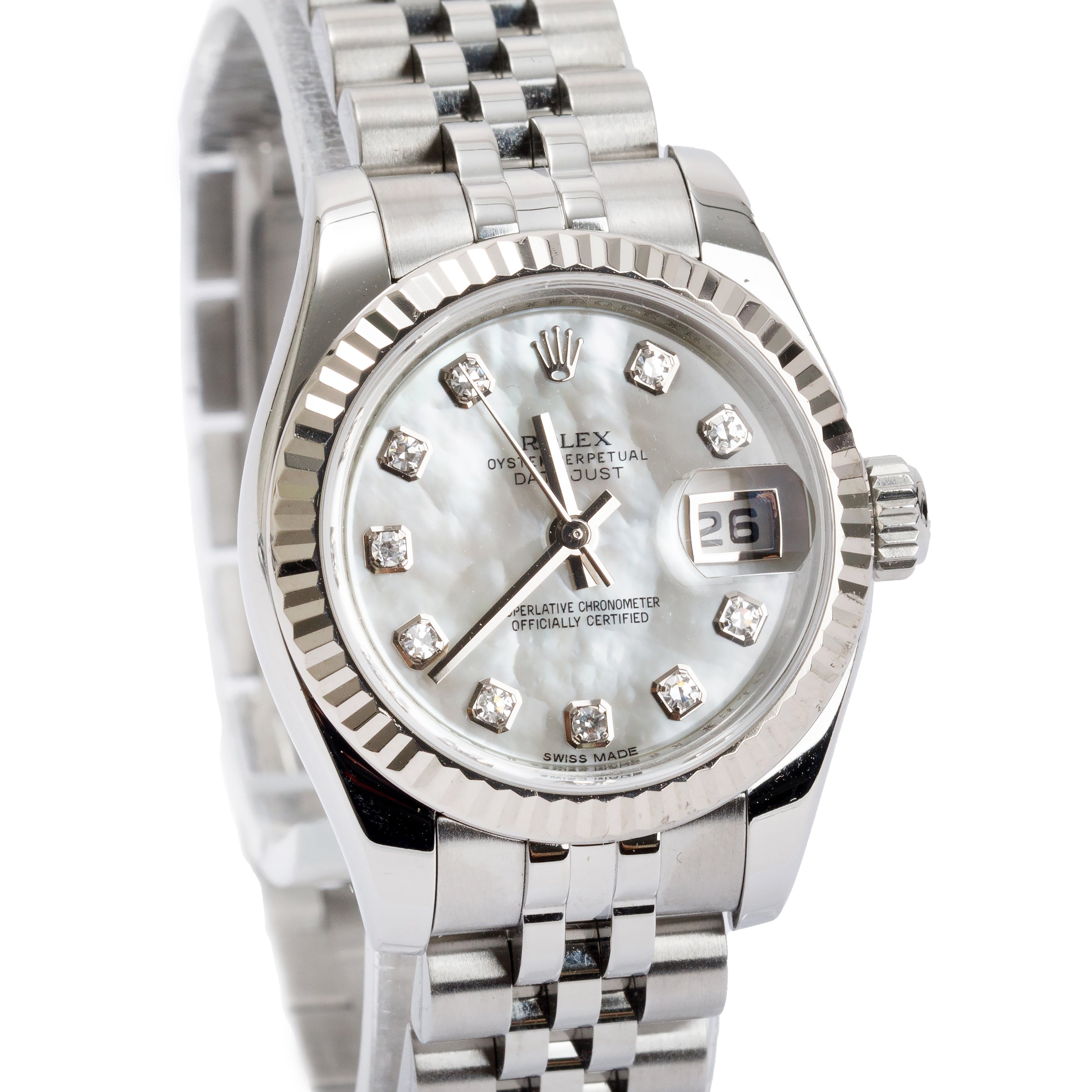 Rolex Stainless Steel Lady-Datejust Mother of Pearl Diamond Dial 26 MM Watch w/ Box & Papers