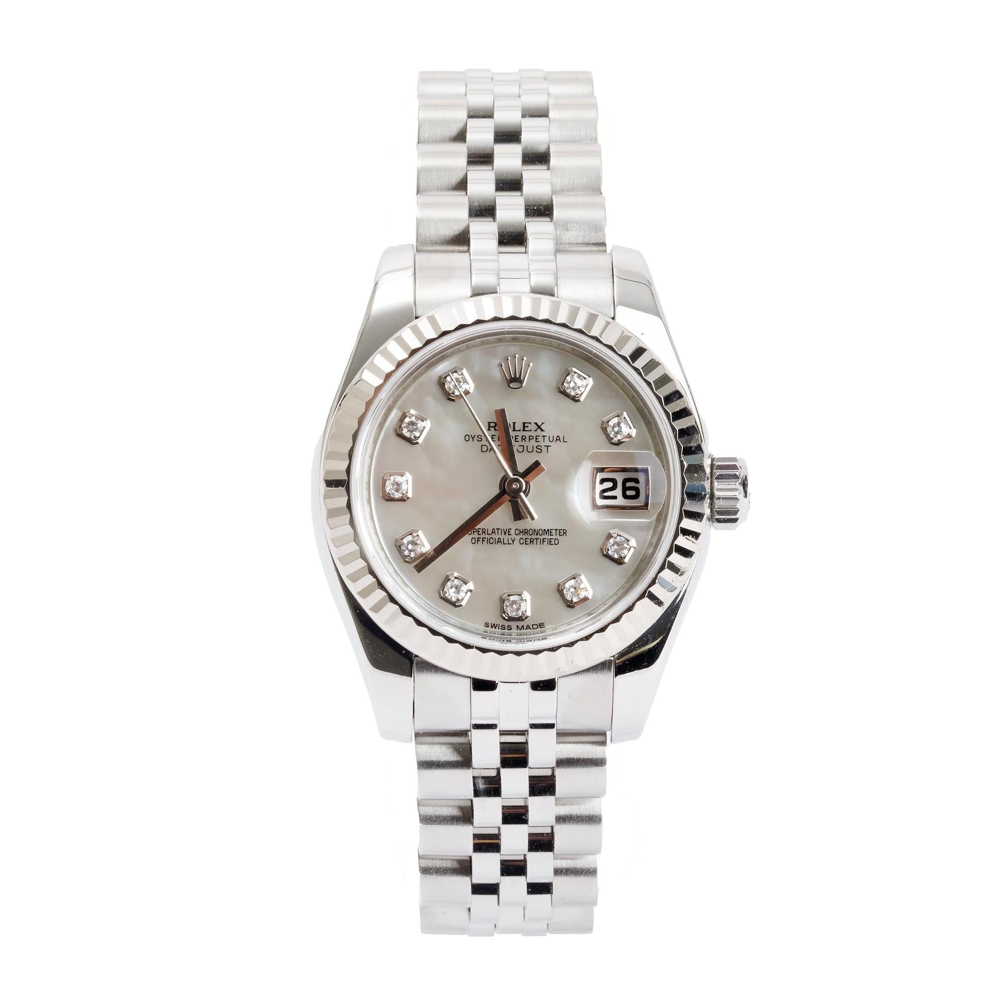 Rolex Stainless Steel Lady-Datejust Mother of Pearl Diamond Dial 26 MM Watch w/ Box & Papers