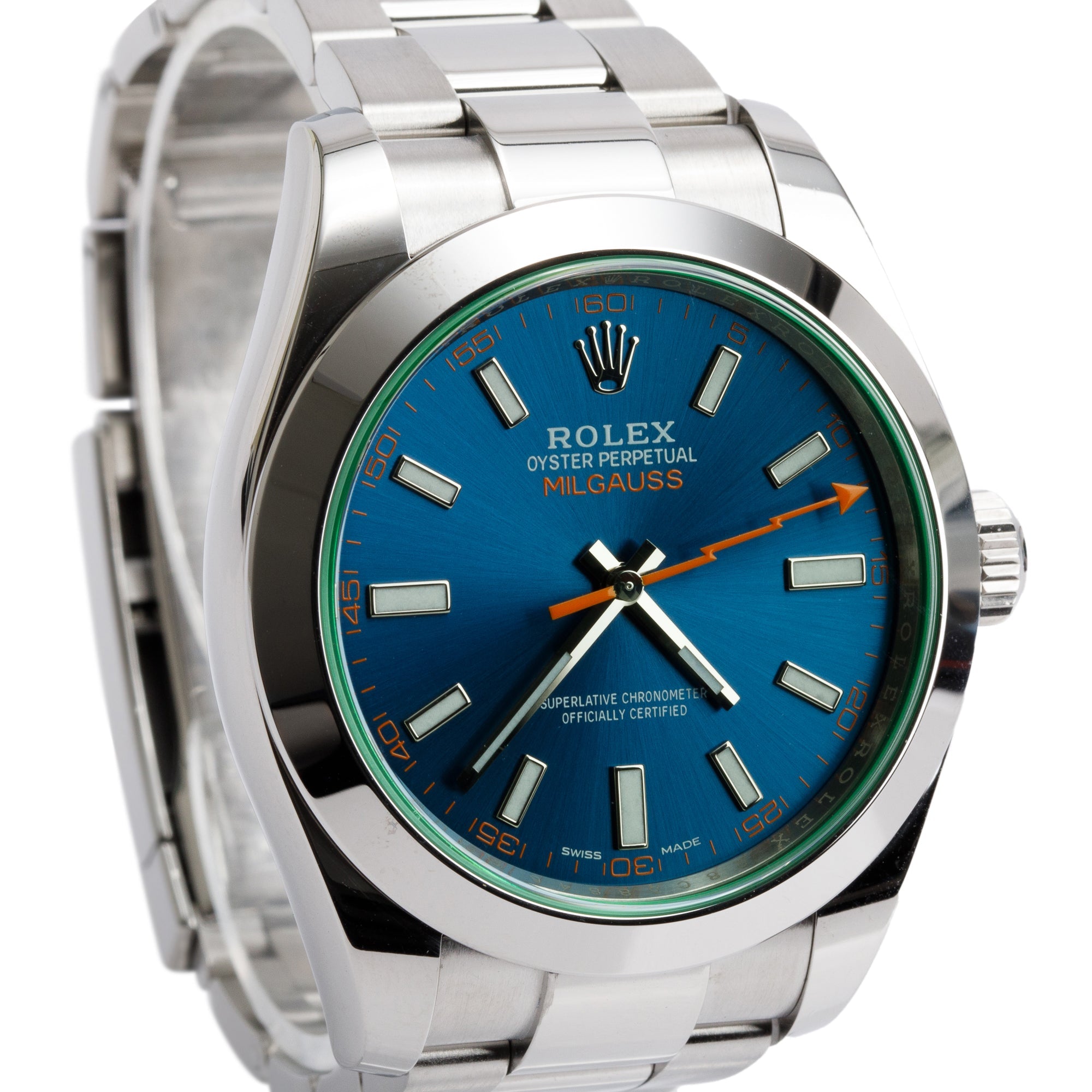 Rolex Stainless Steel Milgauss Blue Dial Green Crystal 40 MM Watch 116400GV w/ Box & Papers