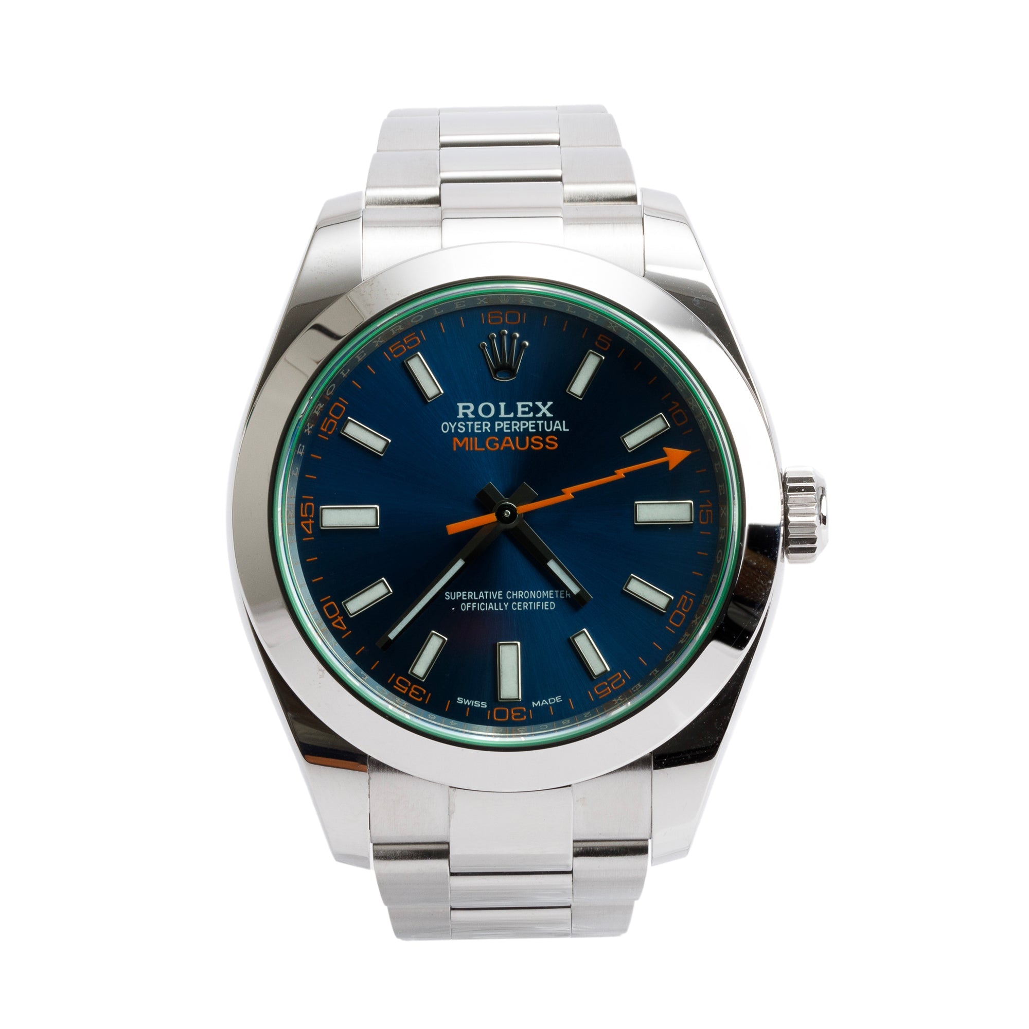 Rolex Stainless Steel Milgauss Blue Dial Green Crystal 40 MM Watch 116400GV w/ Box & Papers