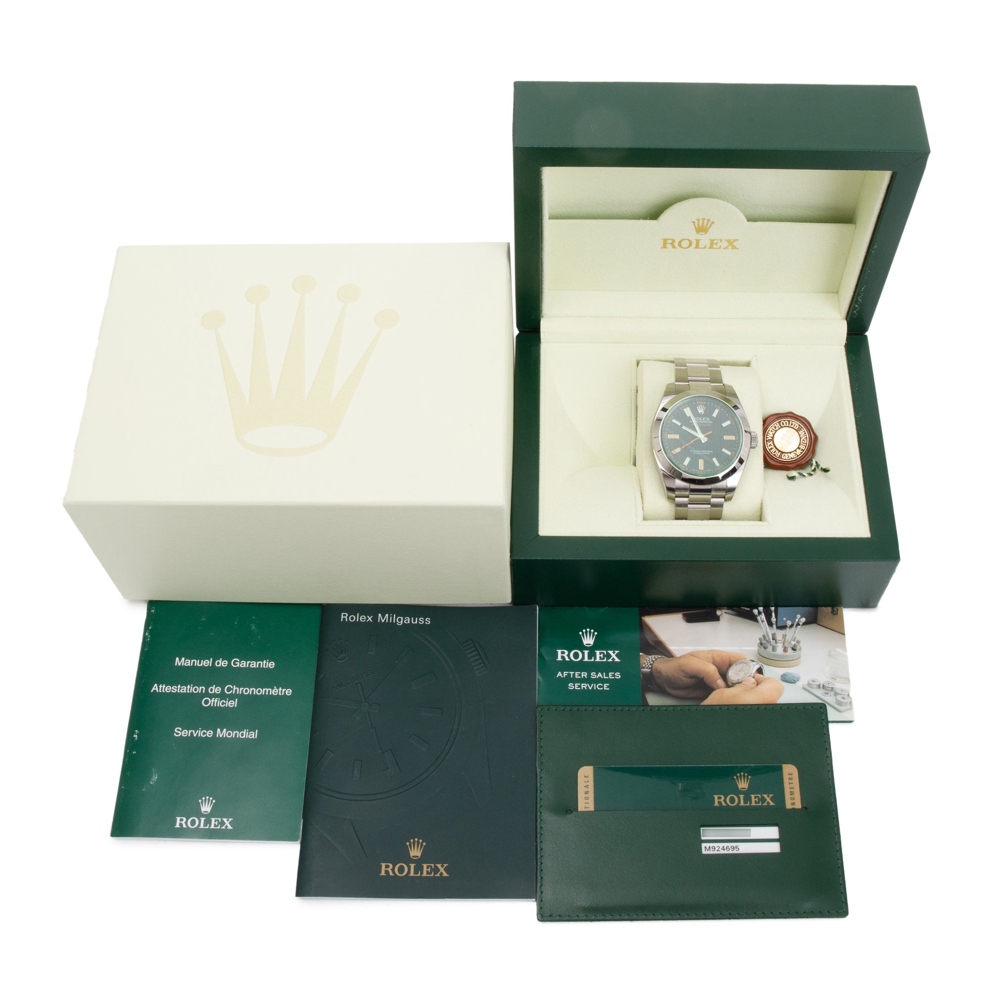Rolex Stainless Steel Milgauss Green Crystal 40 MM Watch w/ Box & Papers