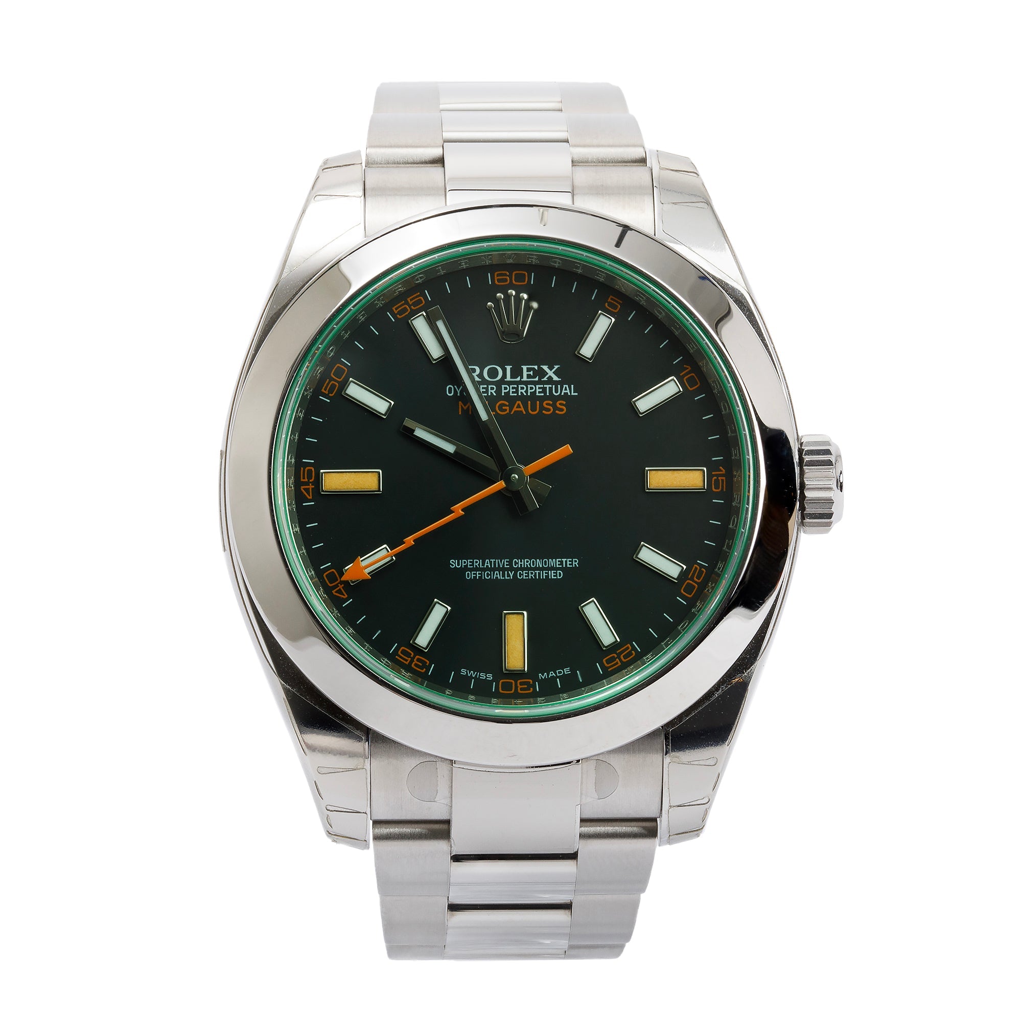 Rolex Stainless Steel Milgauss Green Crystal 40 MM Watch w/ Box & Papers