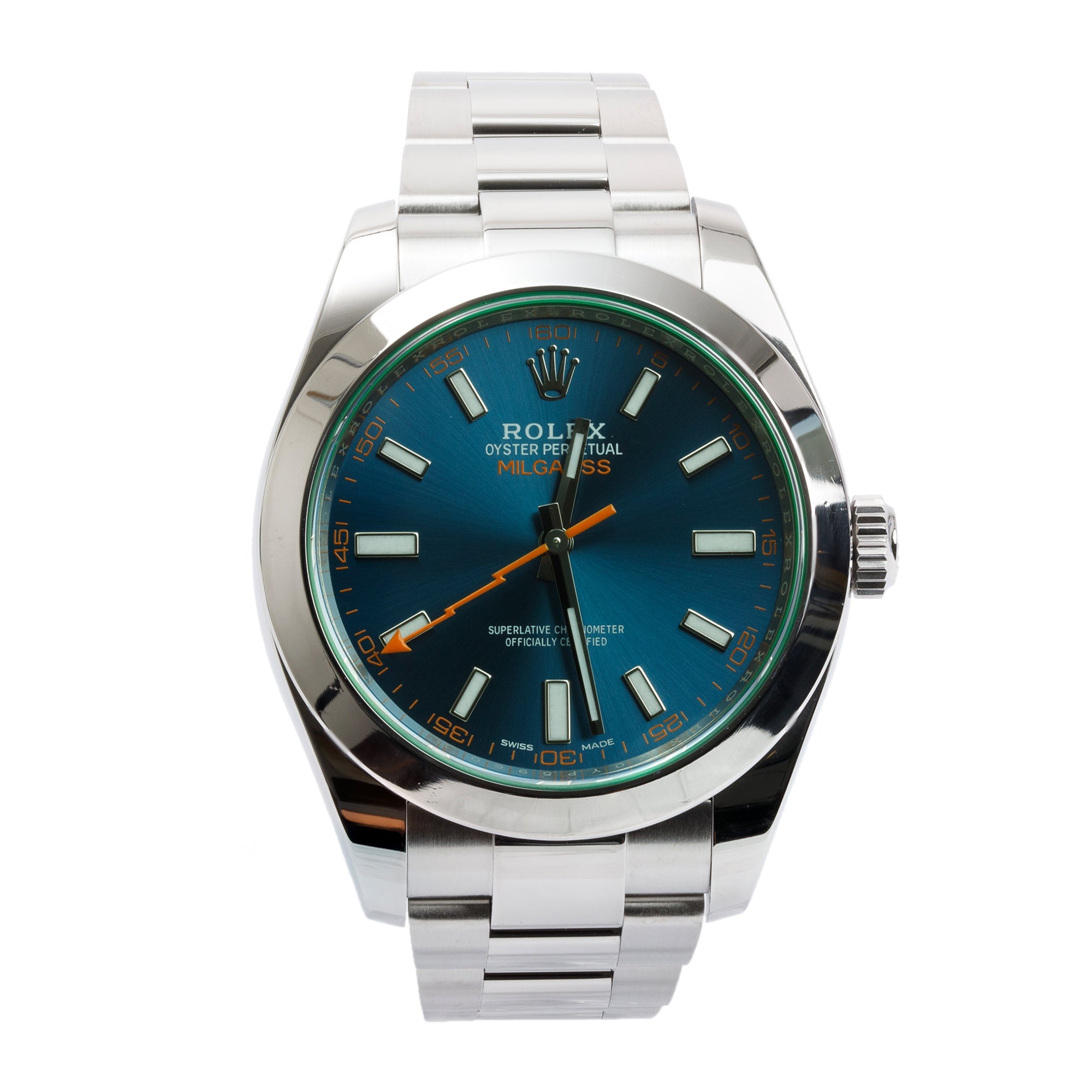 Rolex Stainless Steel Milgauss Green Crystal 40 MM Watch w/ Box & Papers