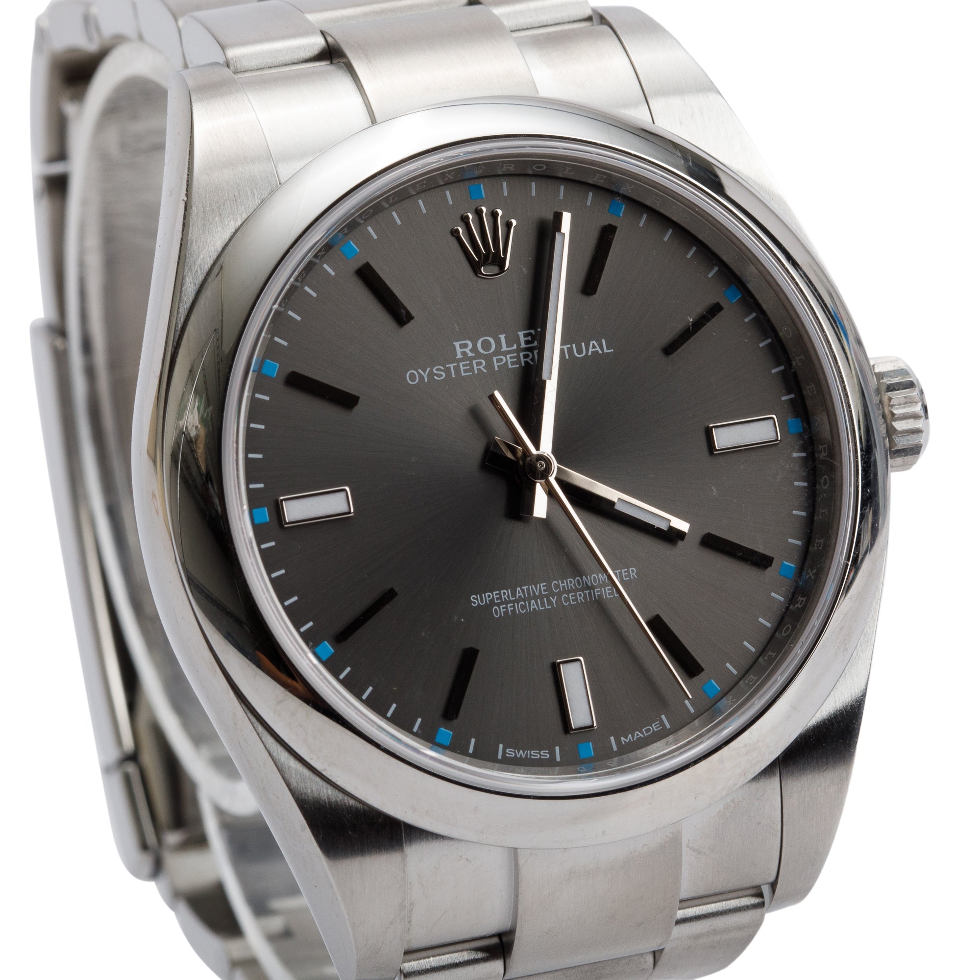 Rolex Stainless Steel Oyster Perpetual 39 MM Watch Grey Rhodium Dial 114300 w/ Box & Paper